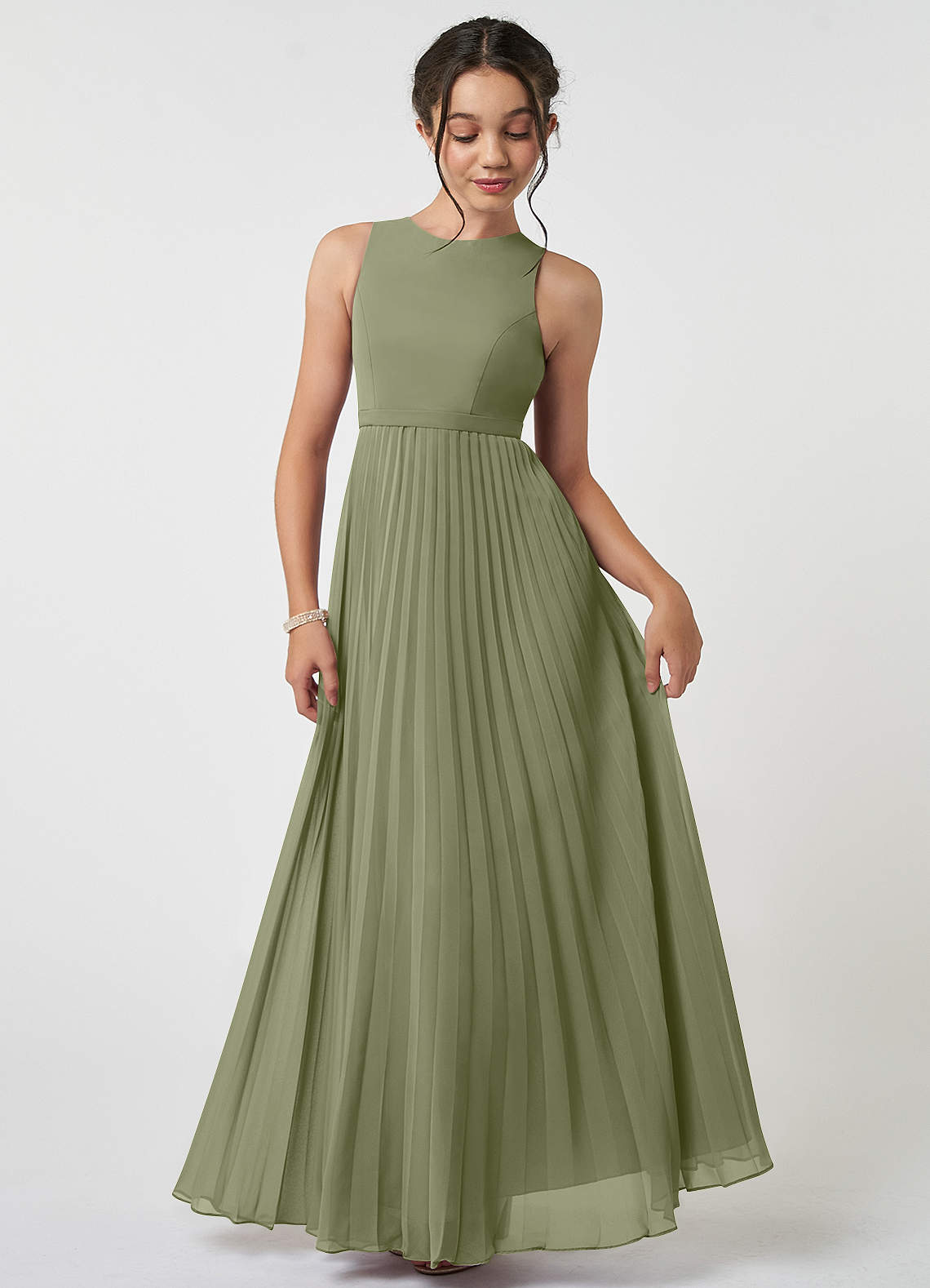 Azazie Lindie Junior Pistachio A-Line Pleated Chiffon Dress image1