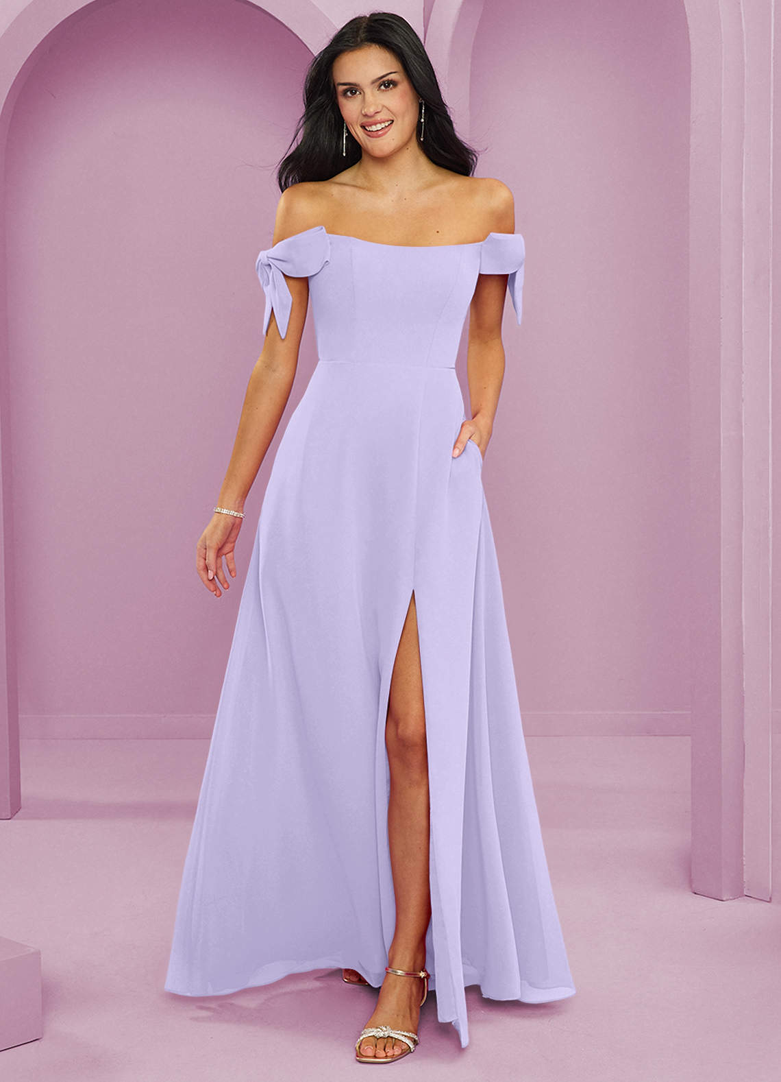 Barbie ♥ Azazie Brautjungfernkleider Wandelbar A-Linie Schulterfrei Chiffon Kleid Flieder image1