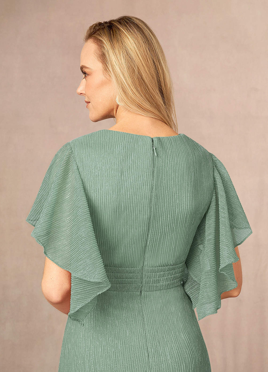 Azazie Mollina Mother of the Bride Dresses Aquamarine A-Line Ruffle Flutter Sleeve Metallic Mesh Dress image4