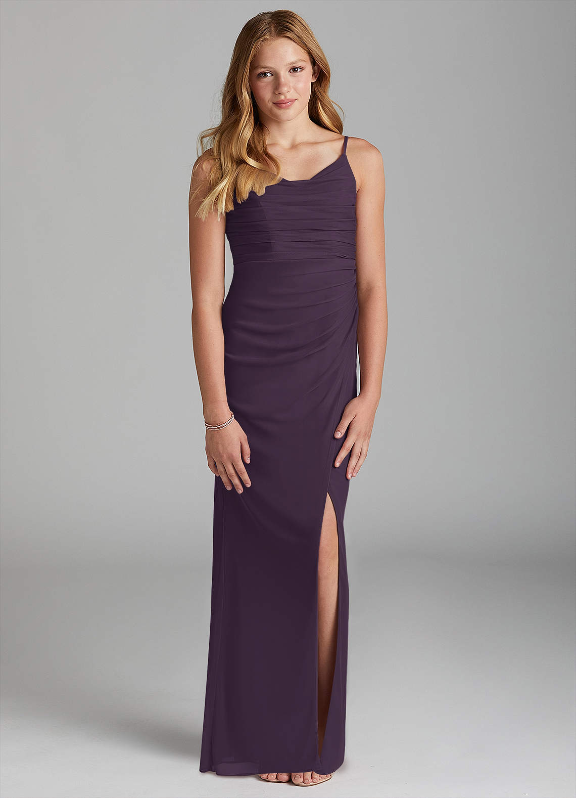 Azazie Deandra Junior Plum Sheath Mesh Dress image1