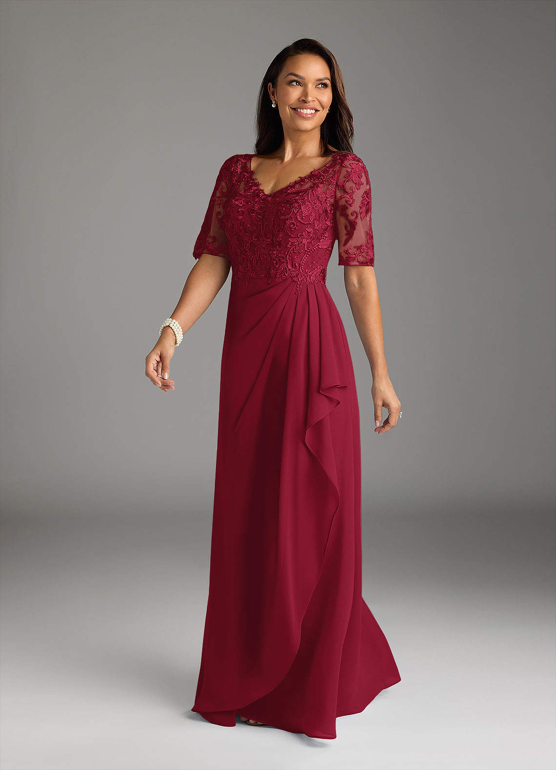 Azazie Amedeus Kleider für die Brautmutter A-Linie V-Hals Spitze Chiffon Kleid Burgunderrot image1