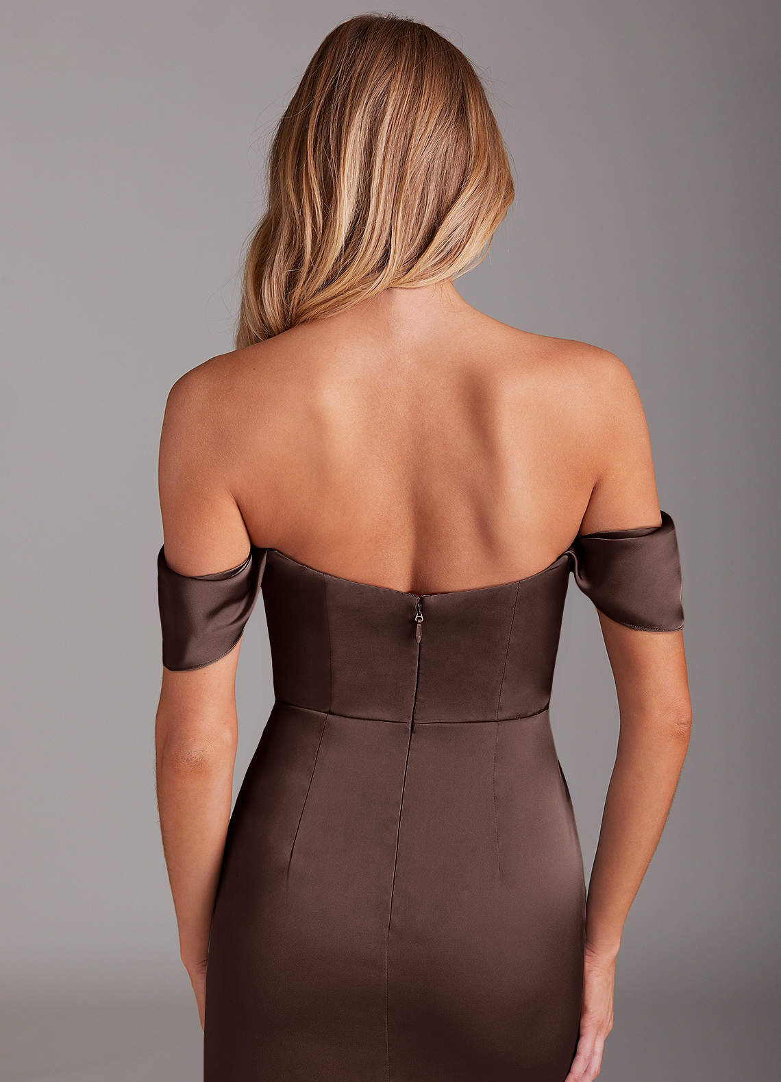 Azazie Saige Bridesmaid Dresses Ganache Sheath Off the Shoulder Stretch Satin Dress image8