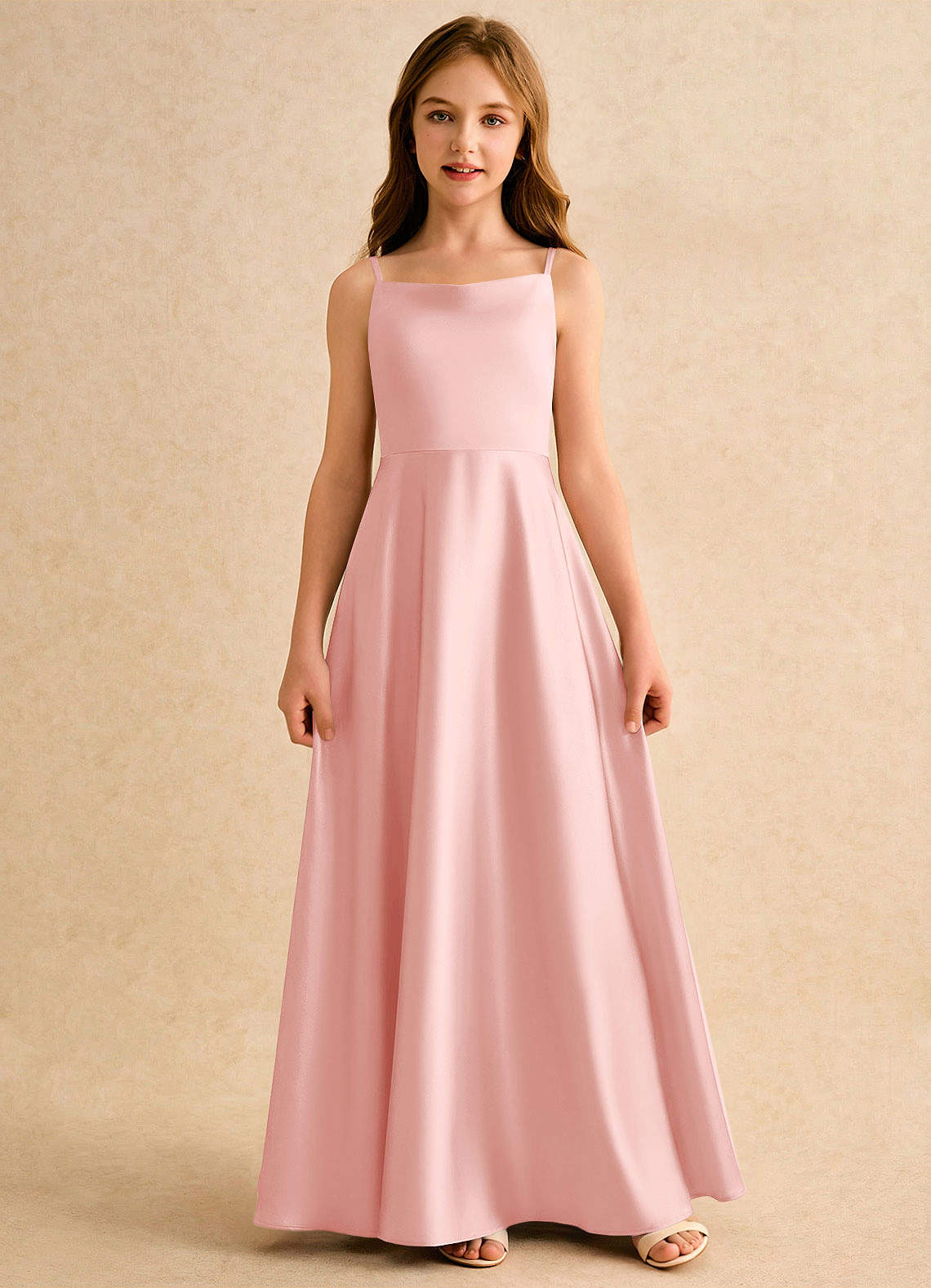 Azazie Joella Girls Formal vestidos de niña de las flores Vestido de Rosa Empolvado de Satén Elástico de Corte en A con Plisado image3