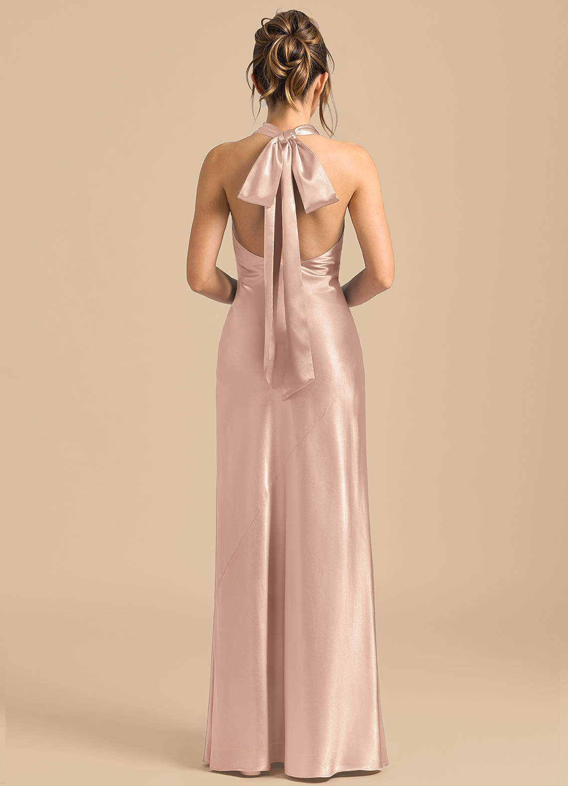 Azazie Velli Robes de demoiselle d'honneur Robe Fourreau en Satiné métallisé Col Haut Rose Perle image4