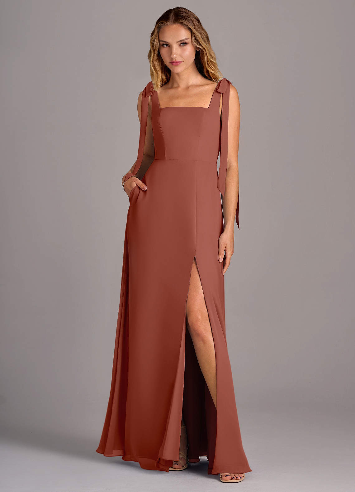 Azazie Debra Bridesmaid Dresses Auburn A-Line with Pockets Chiffon Convertible Dress image1
