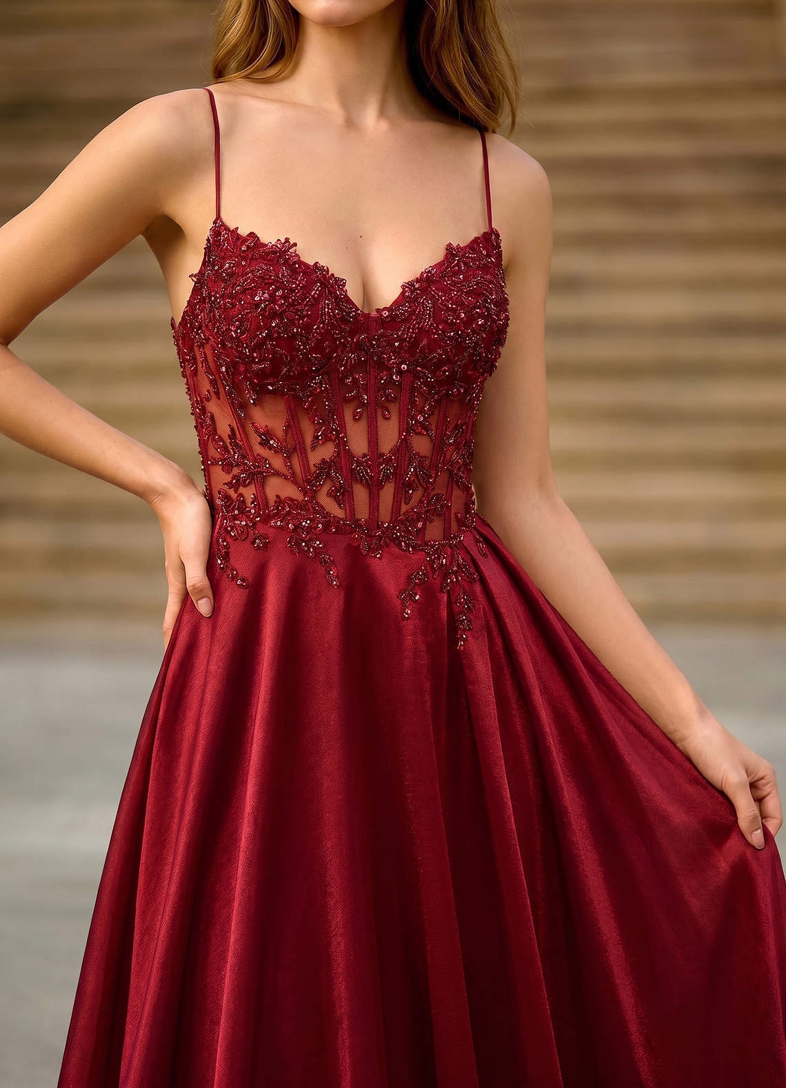 Cemtine Burgundy Lace Sequin Embroidery Satin Wedding Guest | Azazie