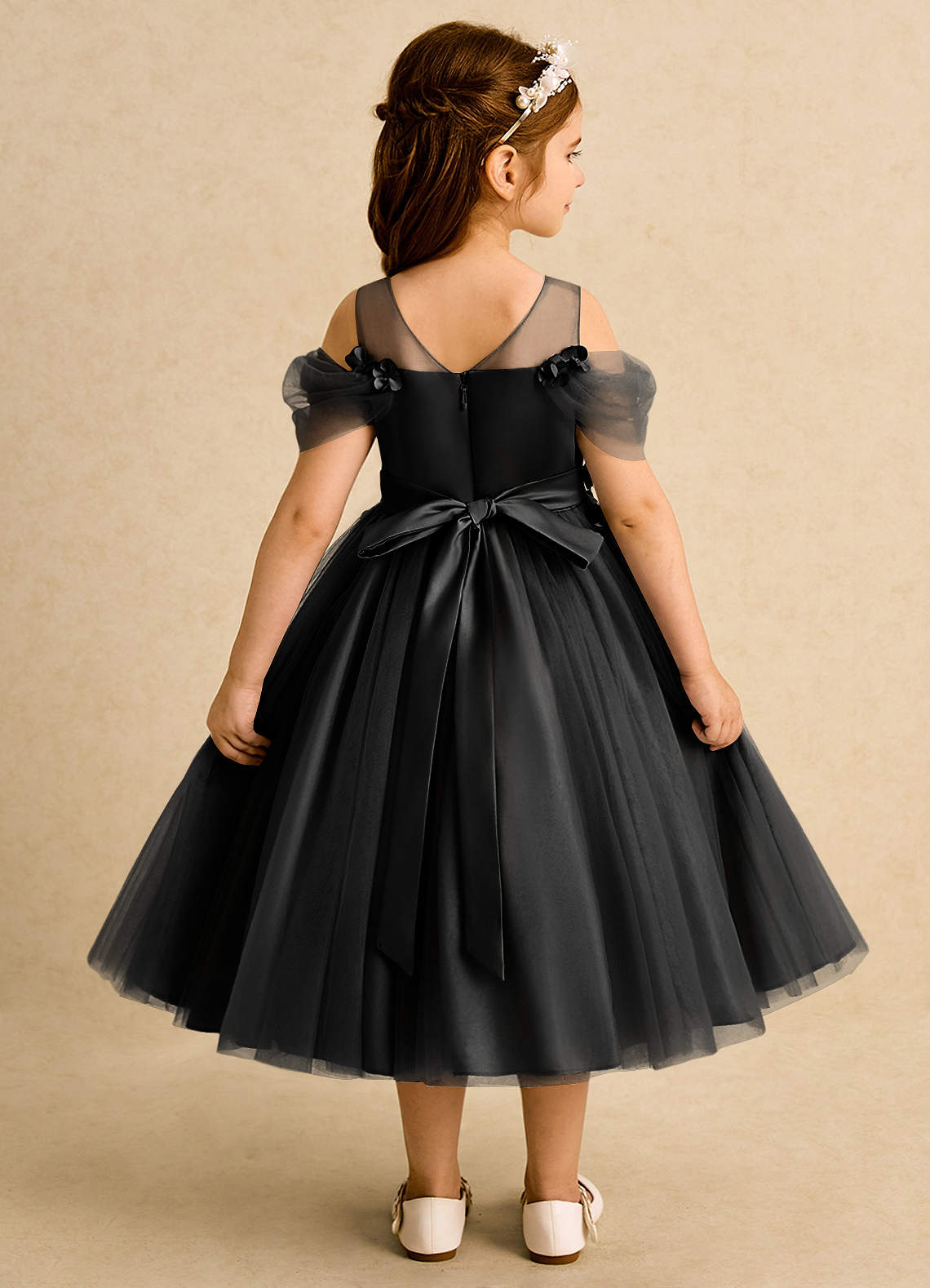 Azazie Ball-Gown Illusion Tea-Length Tulle Flower Girl Dresses - Black