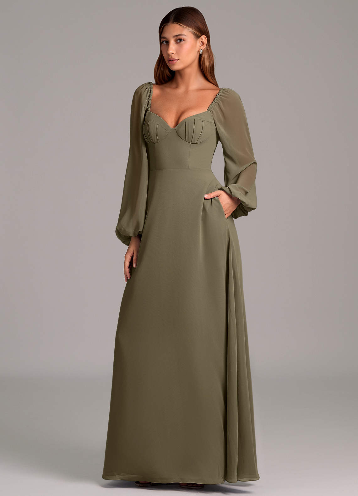 Azazie Annistyn Brudtärnklänningar Klänning av A-Linje i Chiffong Långärmad Pilgrön image1