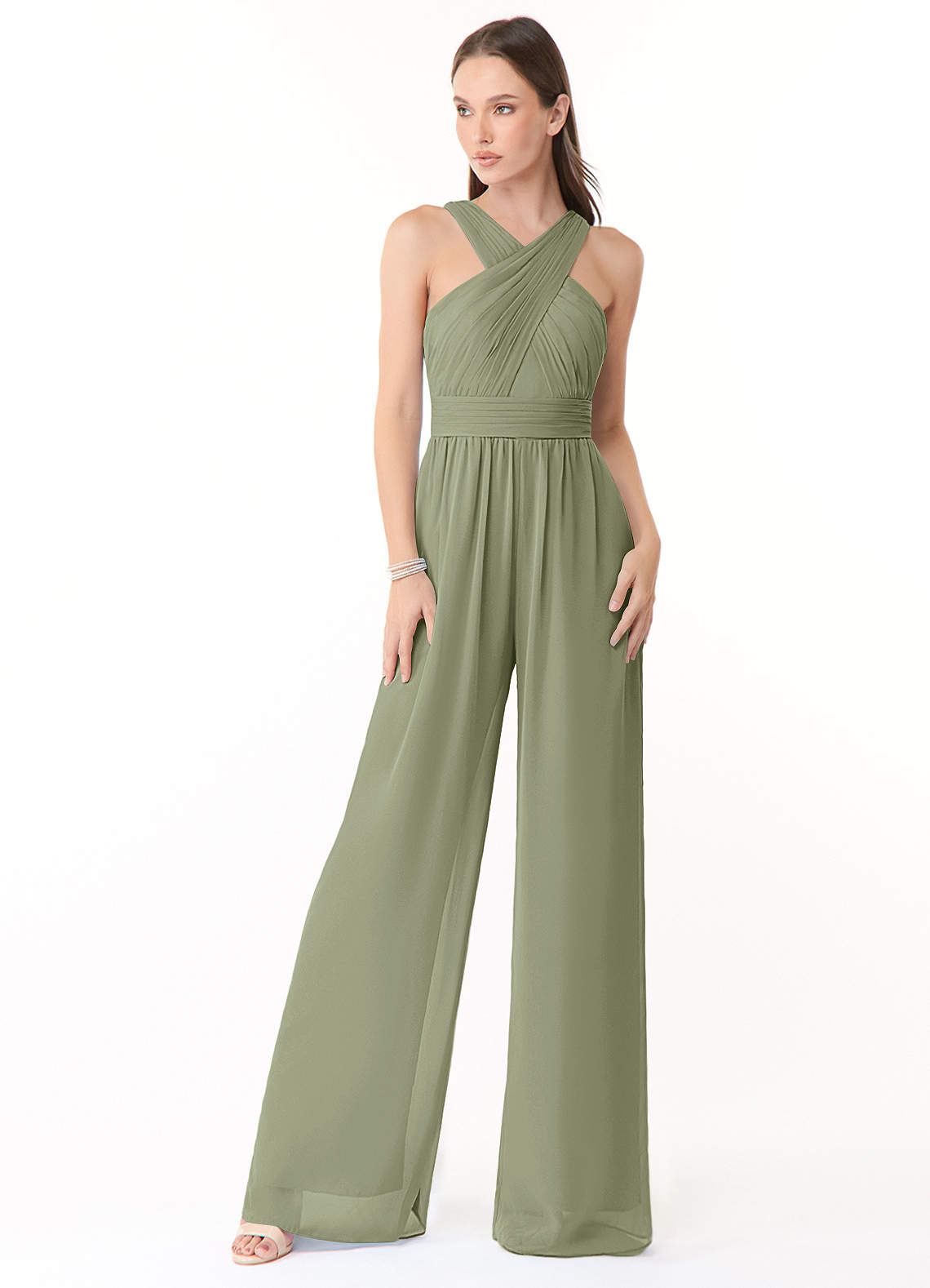 Azazie Berdie Bridesmaid Dresses Pistachio Halter Chiffon Jumpsuit image1