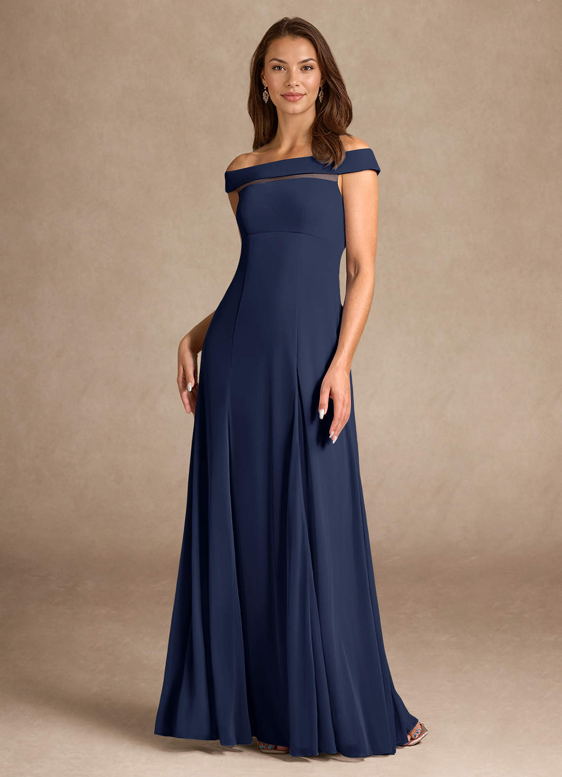 Azazie Ewa Mother of the Bride Dresses Dark Navy A-Line Off the Shoulder Mesh Dress image1