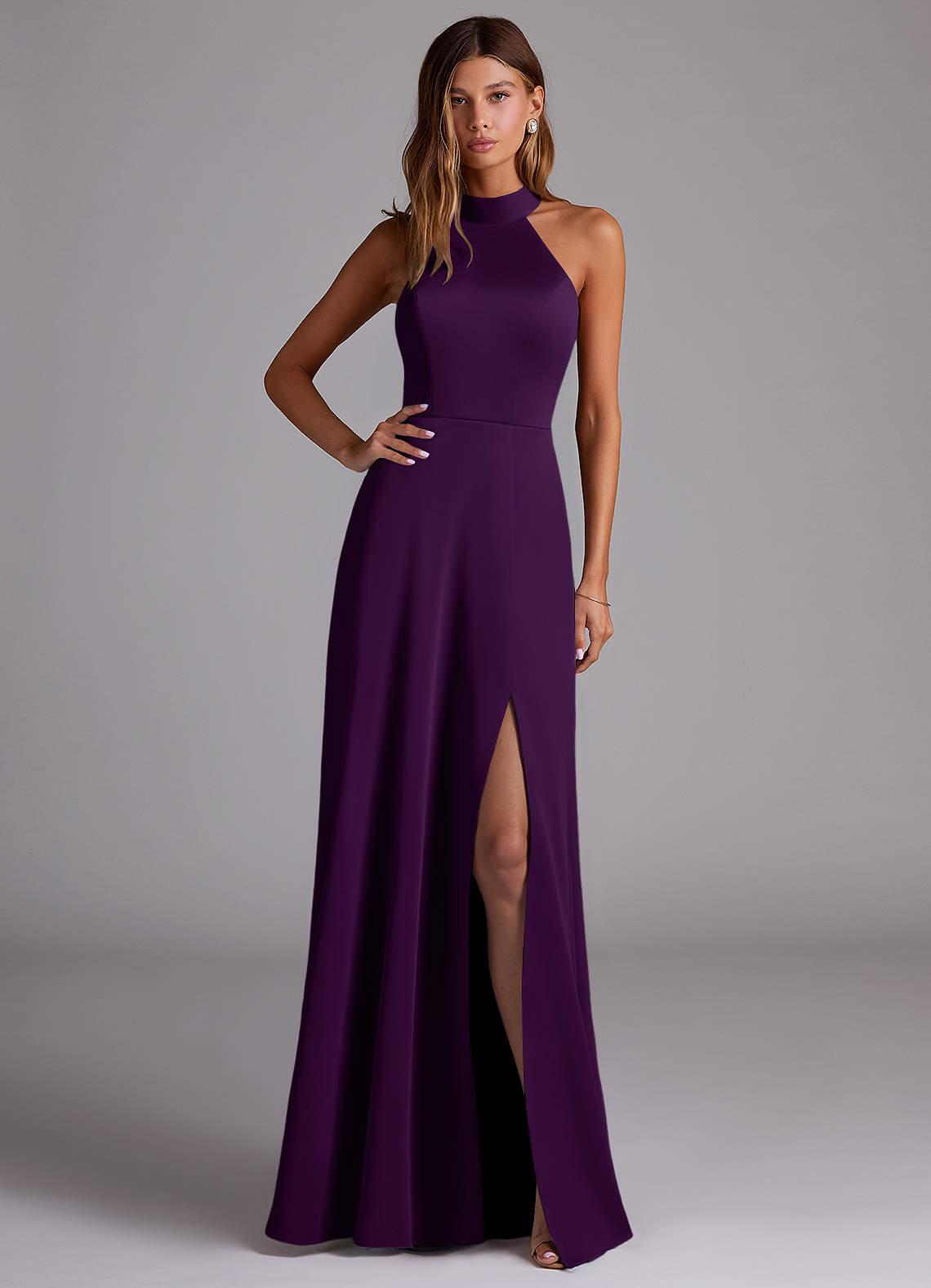 Azazie Myra Bridesmaid Dresses Grape A-Line Side Slit Stretch Satin Dress image1