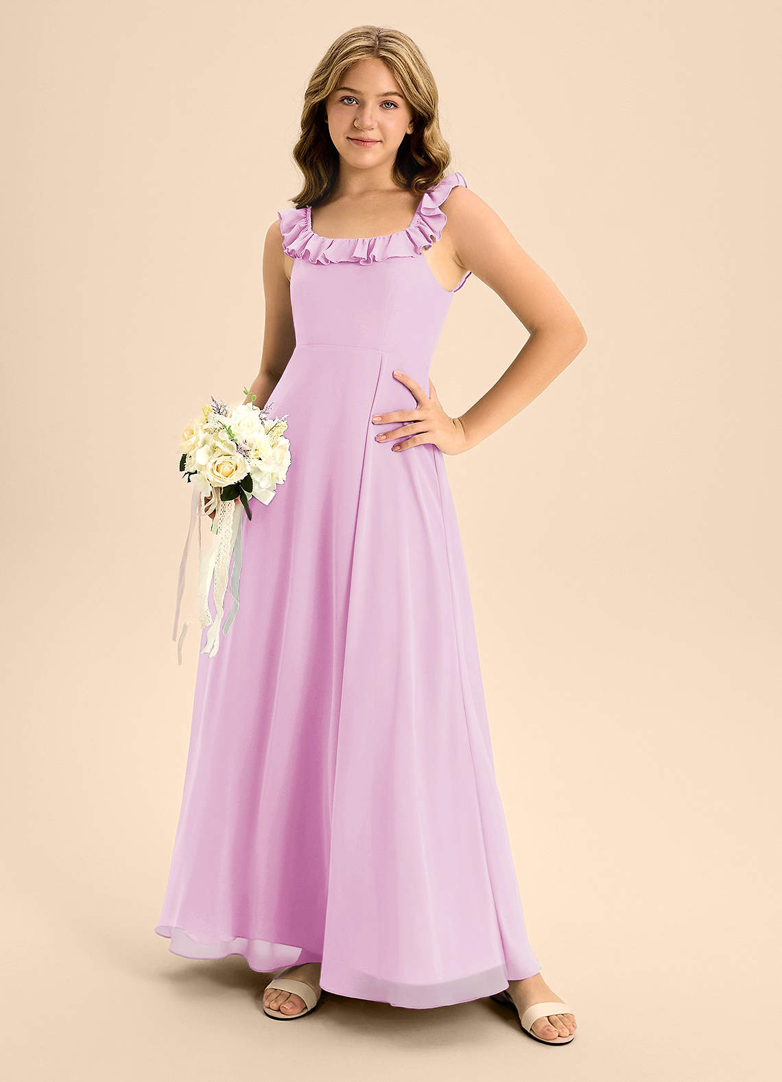 Azazie Callie Junior Vestido de Rosa Caramelo de Gasa de Corte En A con Volante image5