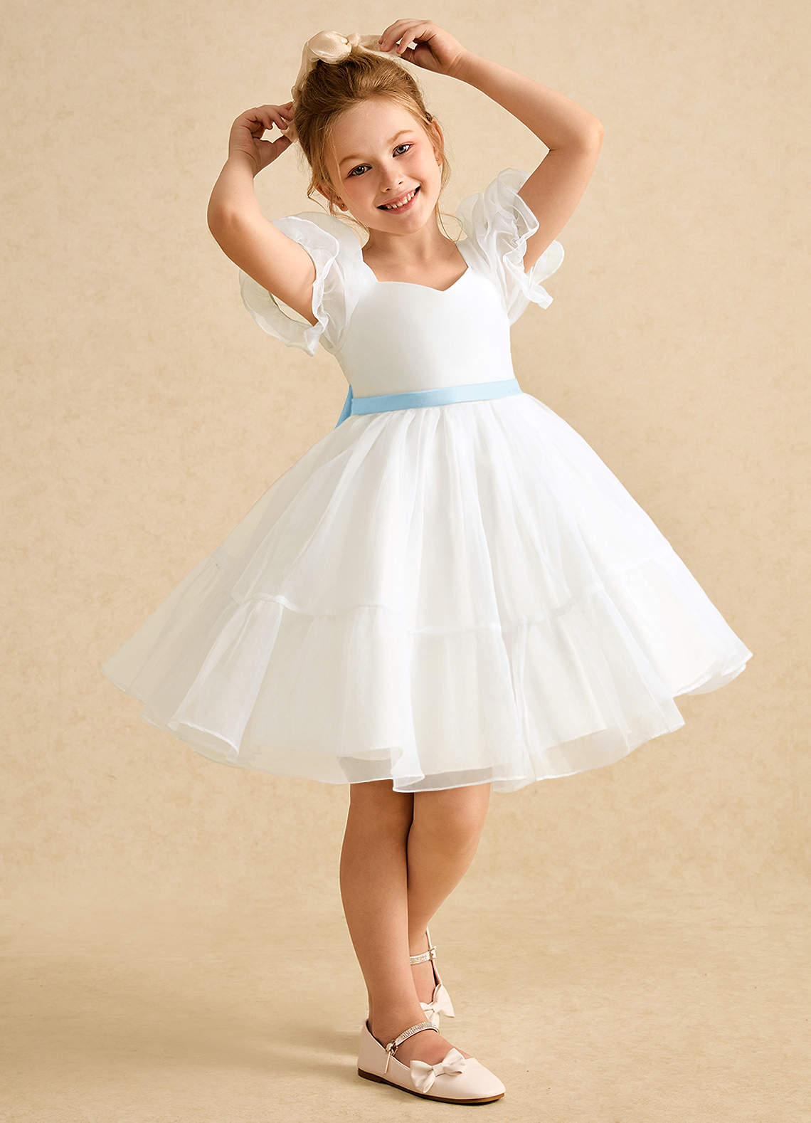 Azazie Debbie vestidos de niña de las flores Vestido de Marfil Azul Cielo de Organza de Princesa con Escote de Corazón image1