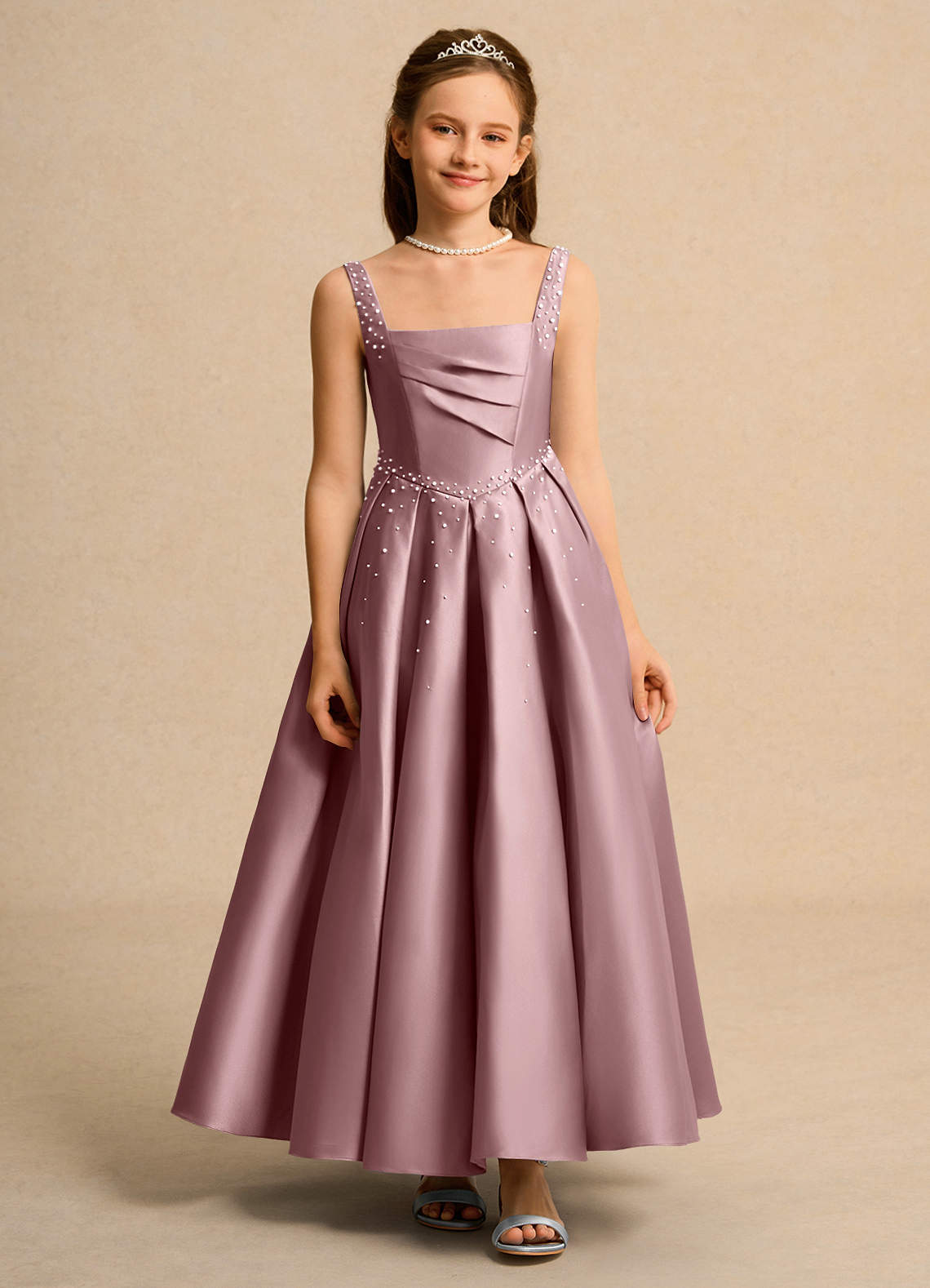 Azazie Mochi Girl Jurken voor bloemenmeisjes Baljurk Jurk van Mat Satijn Geplooid Stoffige Roos image1