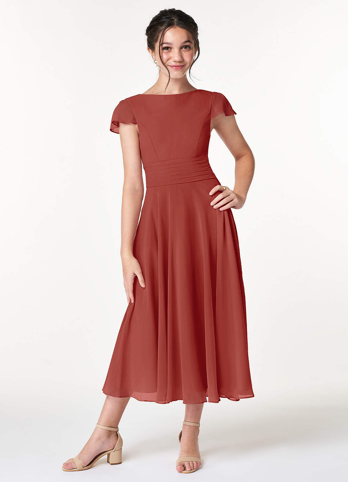 Azazie Payton Junior Terracotta A-Line Bow Chiffon Dress image1