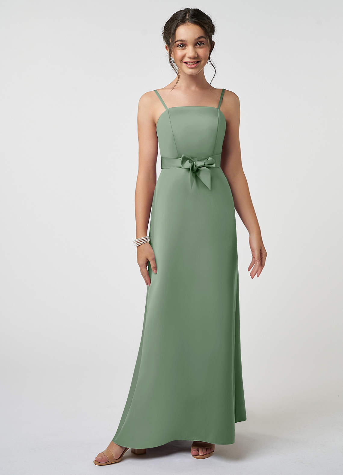 Azazie Anina Junior Matcha A-Line Bow Stretch Satin Dress image1