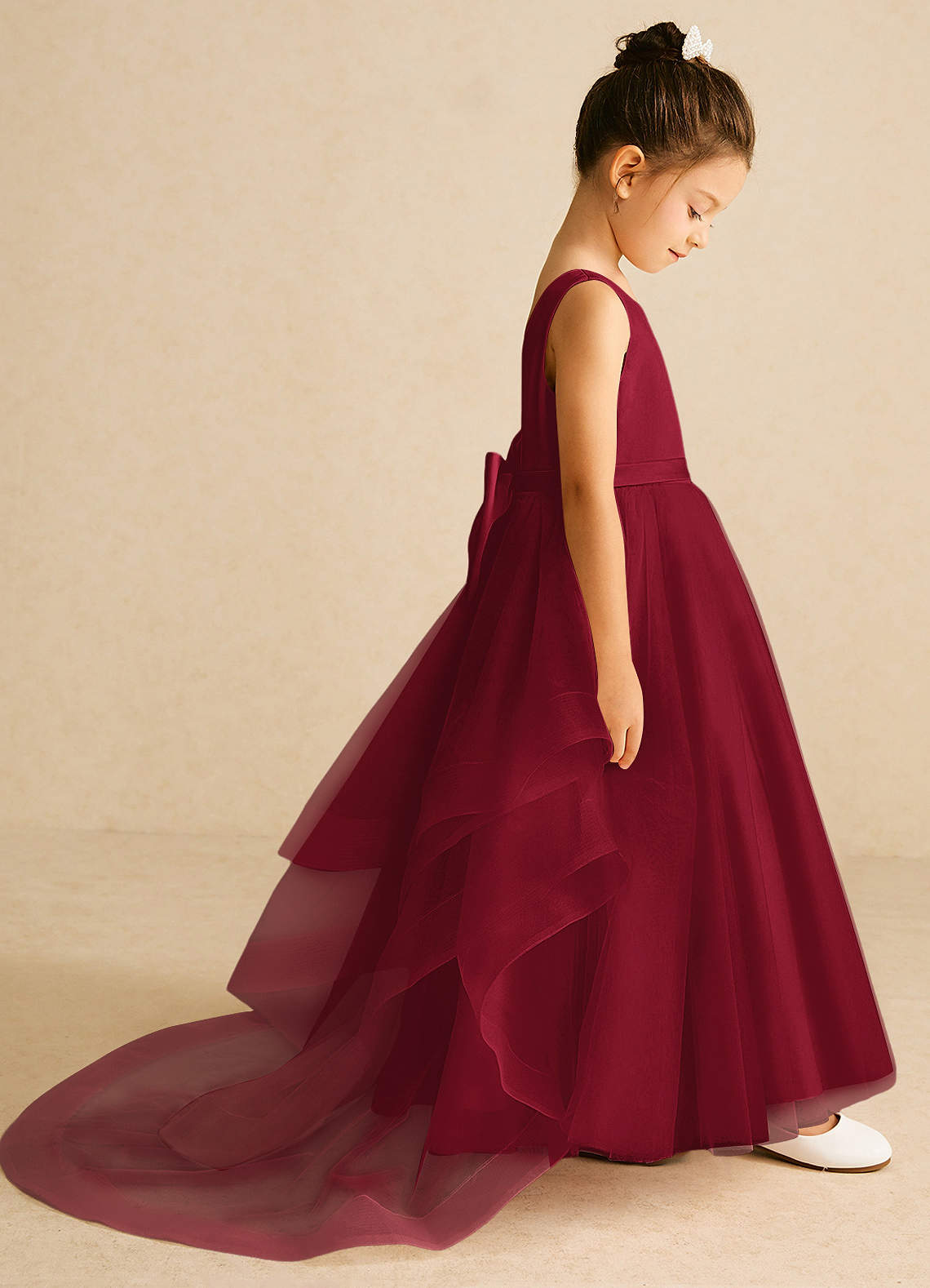 Azazie Pumpkin Flower Girl Dresses Burgundy A-Line Convertible Tulle Dress image2