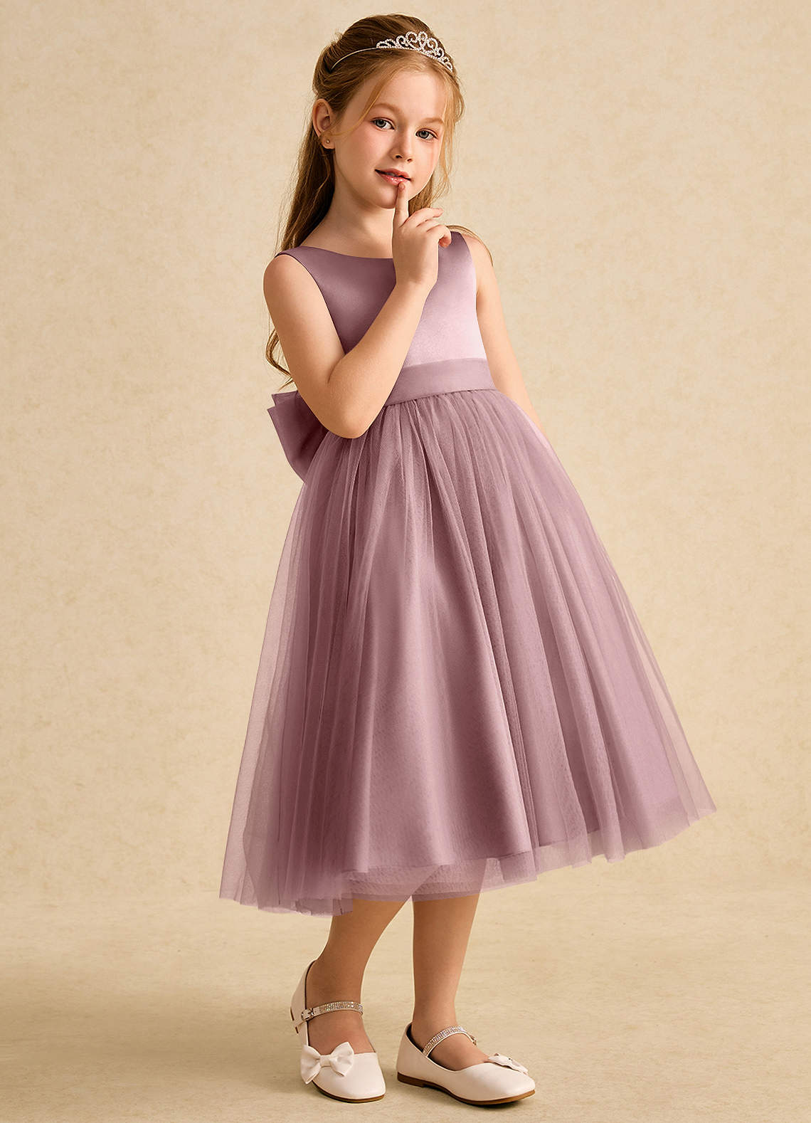 Azazie Winnie Abiti da Ragazza di Fiori Abito Principessa in Tulle Fiocco Rosa Polverosa image5