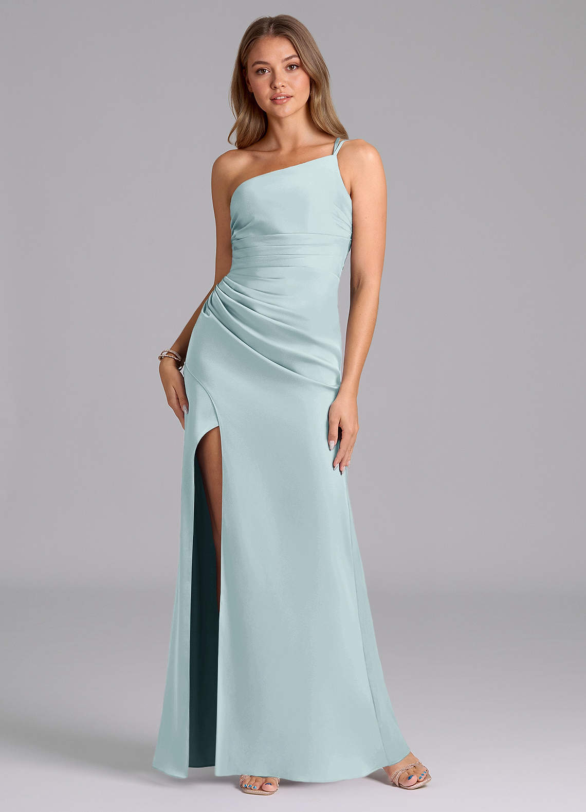 Azazie Eren Bridesmaid Dresses Mist Mermaid One Shoulder Stretch Satin Dress image1
