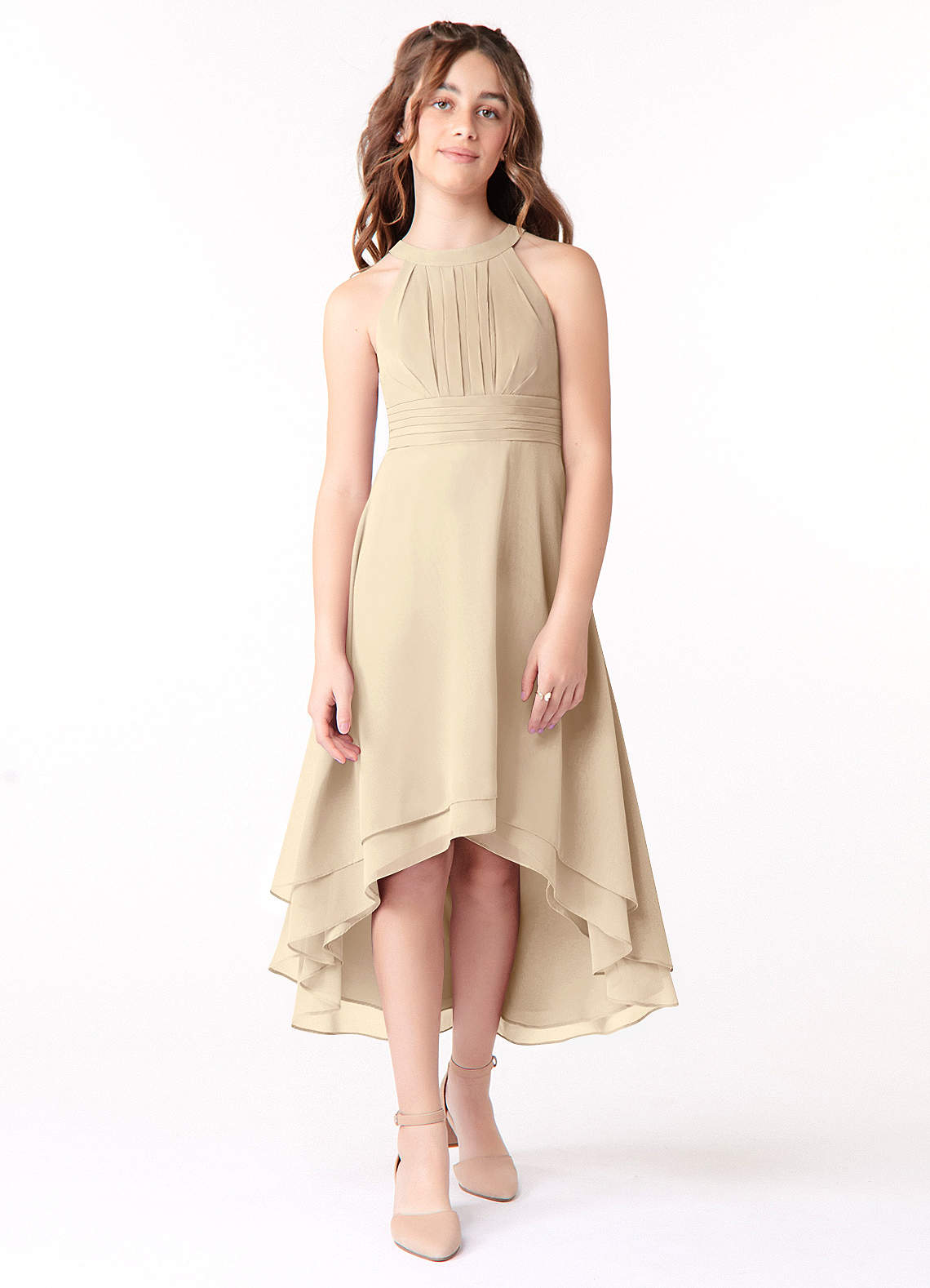 Azazie Linna Junior Champagne A-Line Pleated Chiffon Dress image1