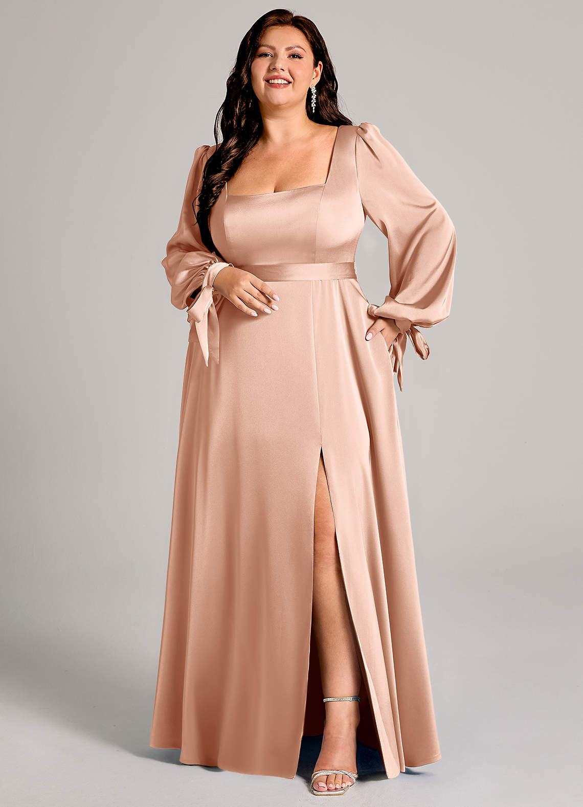 Azazie Leonia Bridesmaid Dresses Rose Gold A-Line Long Sleeve Stretch Satin Dress image1