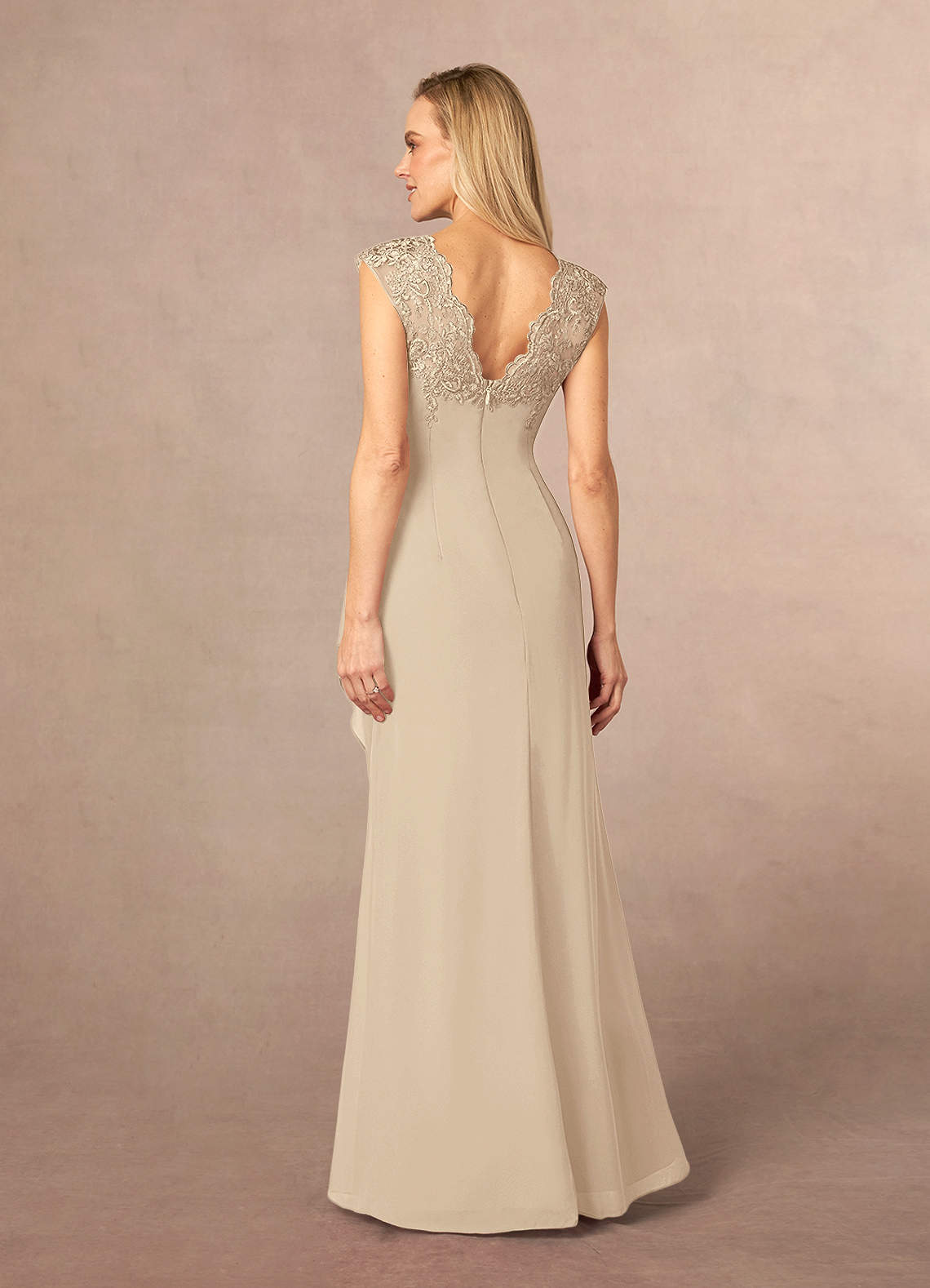 Azazie Gladys Champagne A-Line Queen Anne Lace Chiffon Dress | Azazie