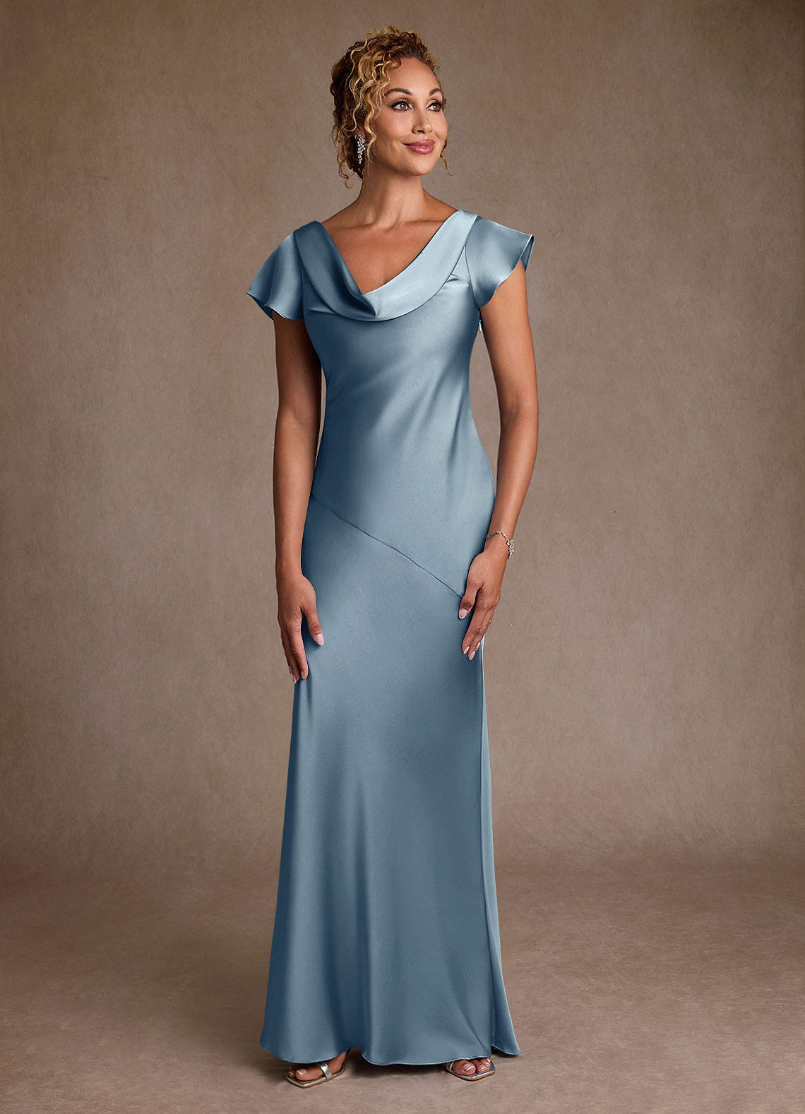 Azazie Shelby Mother of the Bride Dresses Dusty Blue Mermaid Pleated Stretch Satin Dress image1