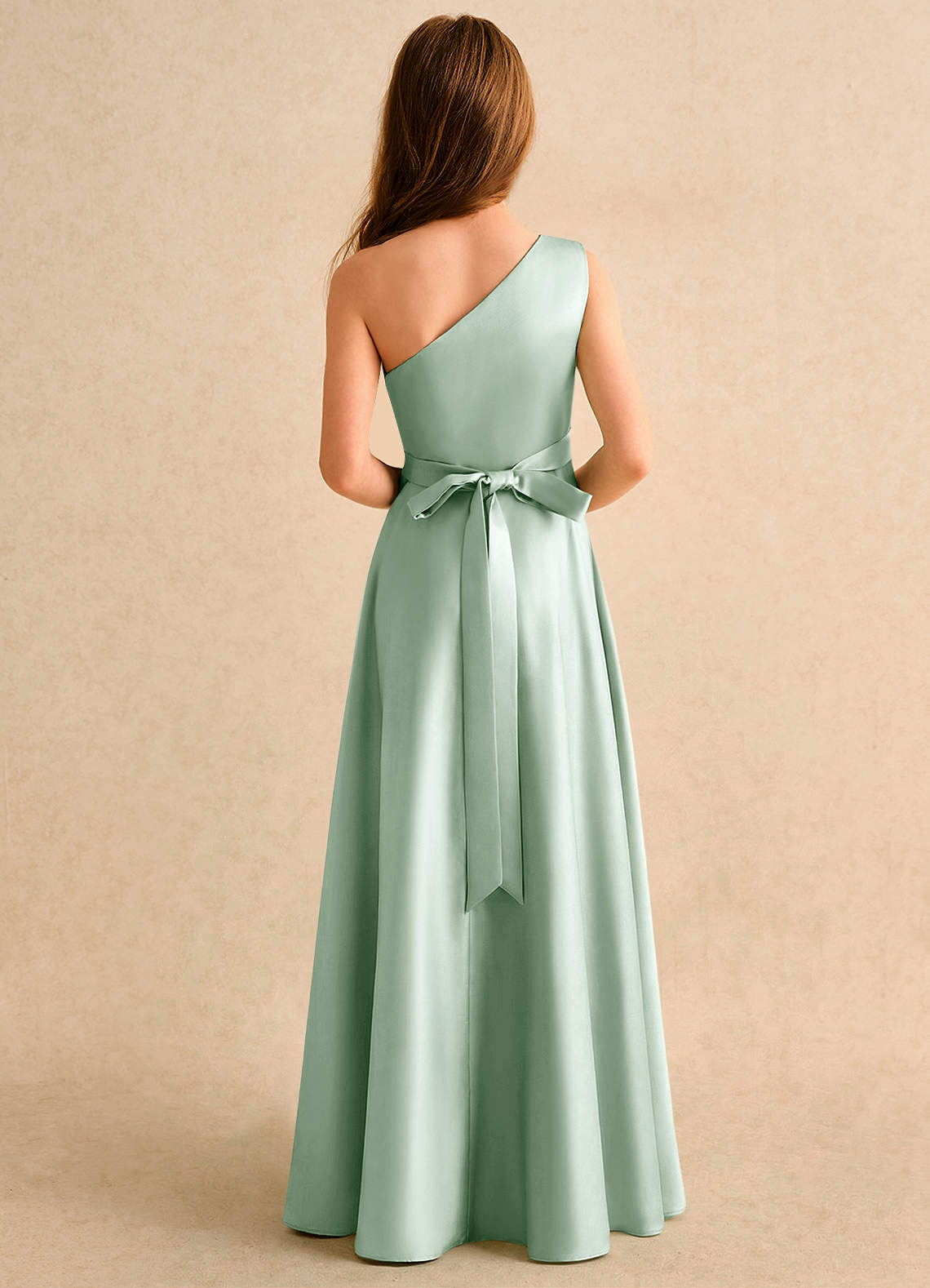 Azazie Puddles Girls Formal Jurken voor bloemenmeisjes A-Lijn Jurk van Mat Satijn One-shoulder Agave image2