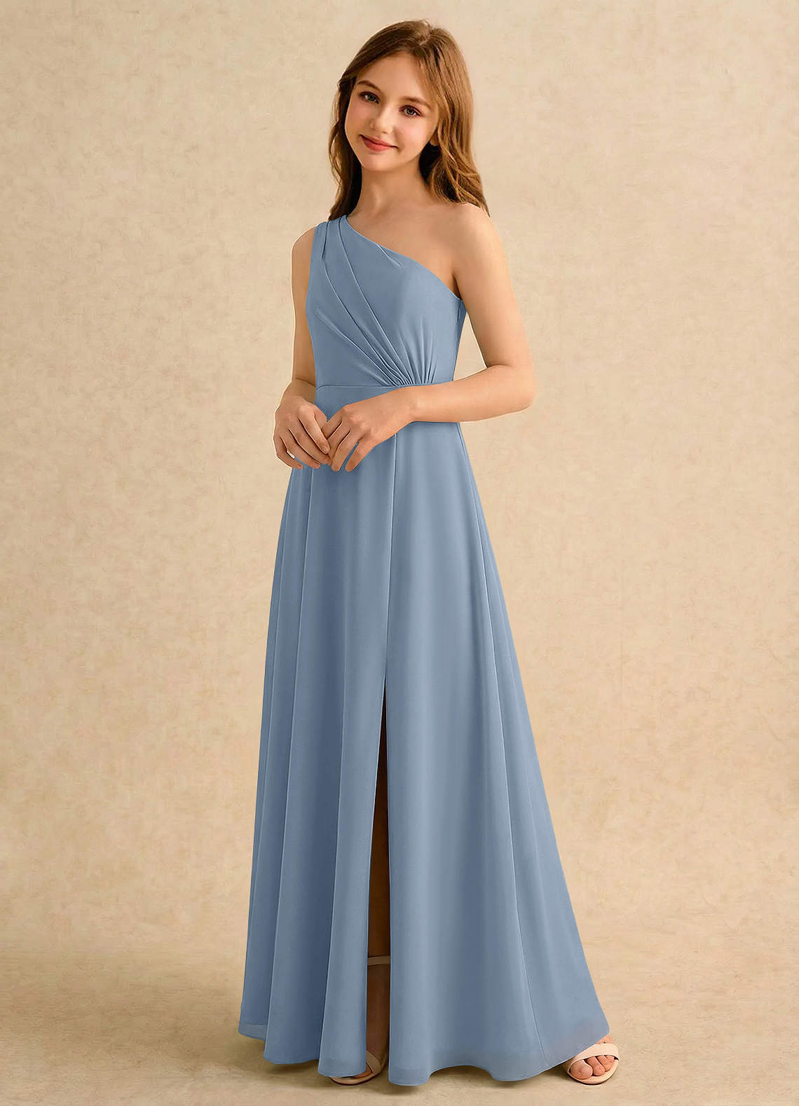 Azazie Puddles Girls Formal Sukienki dla dziewczynek sypiących kwiaty Linia A Jedno ramię Szyfon Długość podłogi Sukienka image3