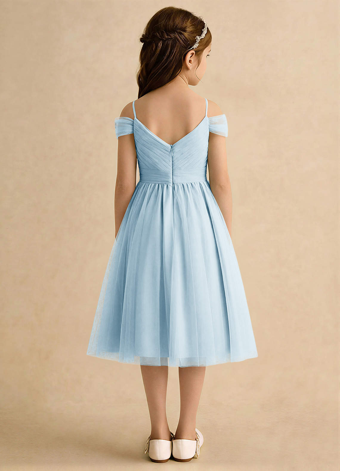Azazie Lila Girls Formal Flower Girl Dresses Sky Blue A-Line Off the Shoulder Tulle Dress image1