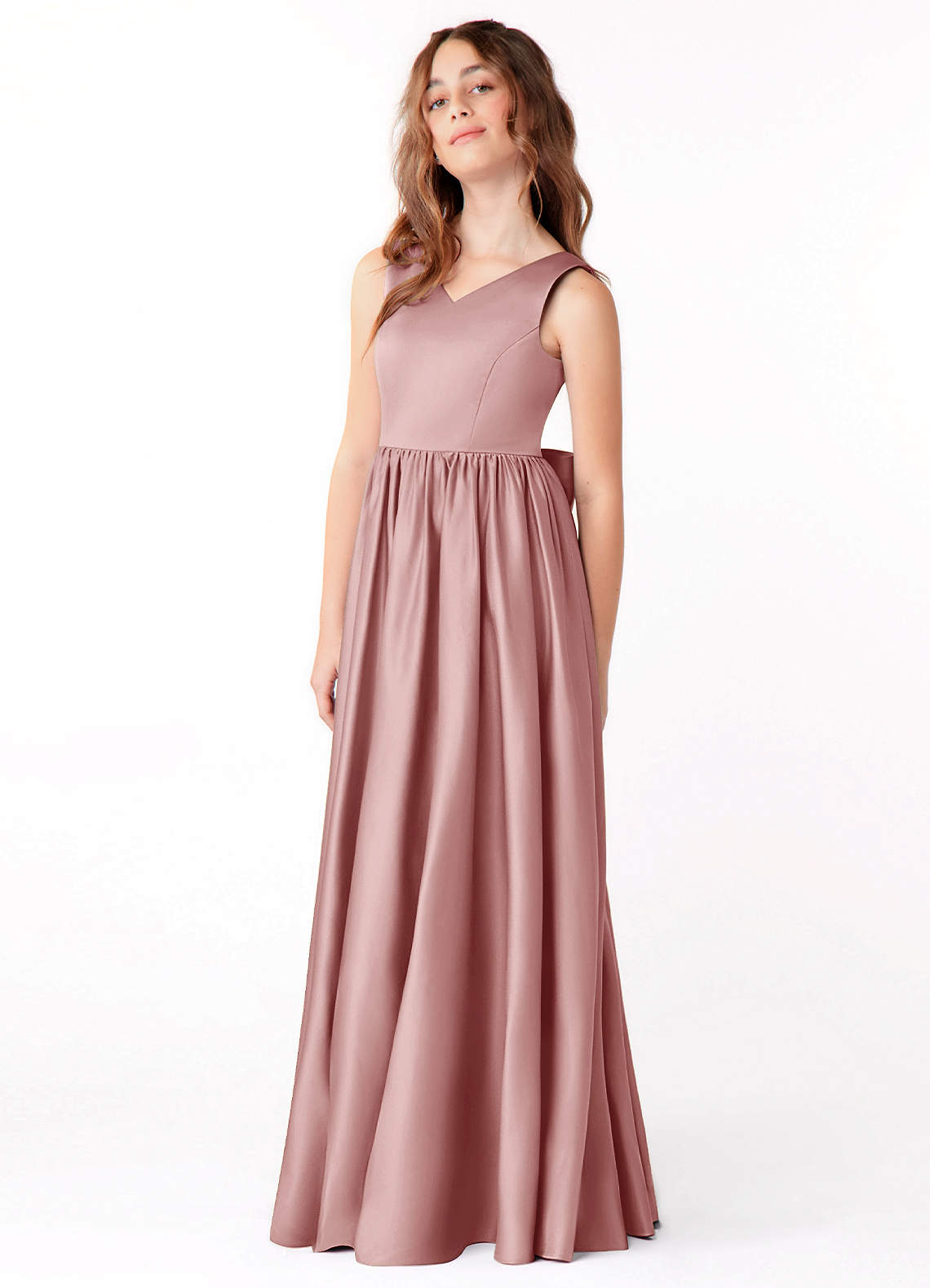 Azazie Hathaway Junior Dusty Rose A-Line Bow Stretch Satin Dress image3