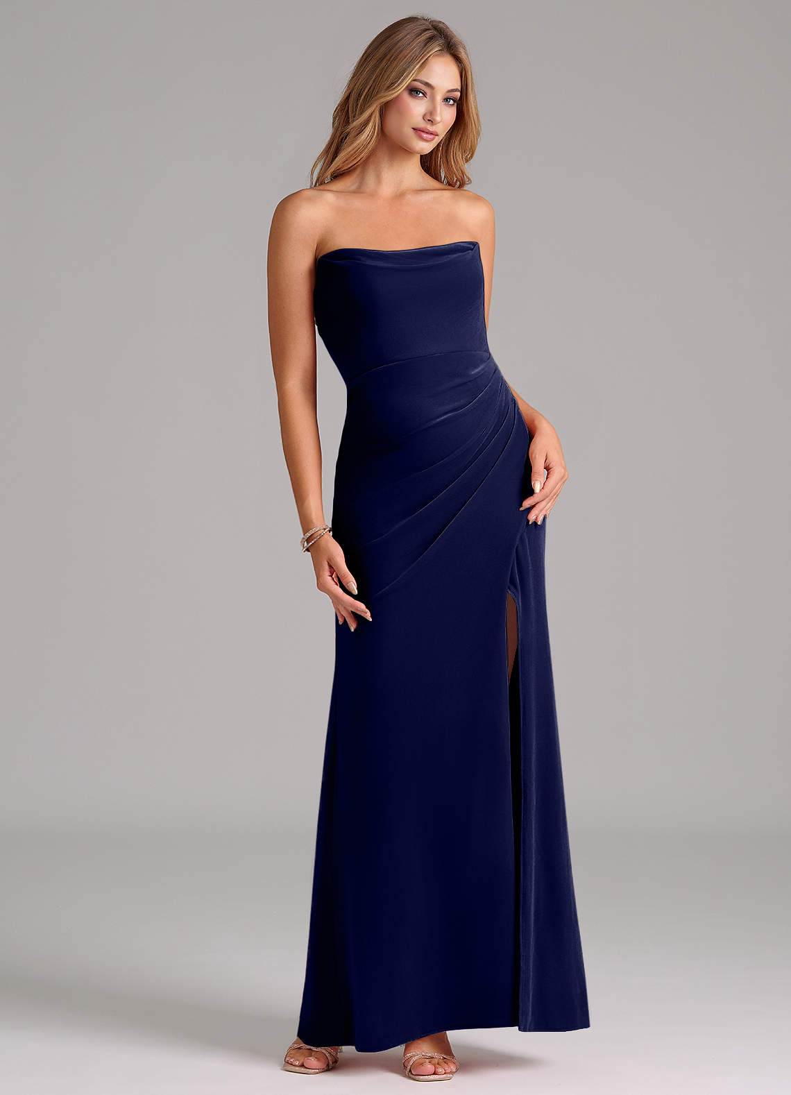 Azazie Leonis Bridesmaid Dresses Dark Navy Mermaid Strapless Velvet Dress image1