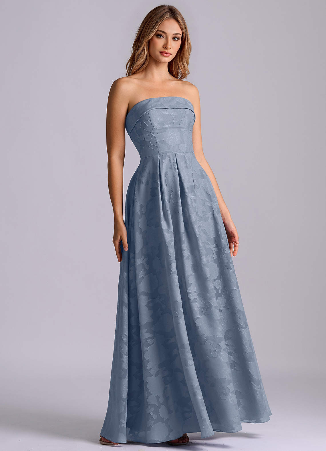 Azazie Lucienne Bridesmaid Dresses Dusty Blue A-Line Strapless Floral Burnout Dress image2