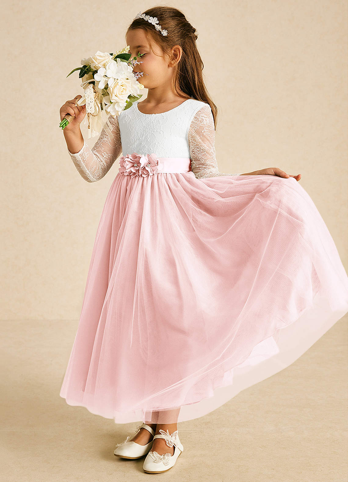 Azazie Mae Flower Girl Dresses Ivory Blushing Pink A-Line Bow Tulle Dress image1