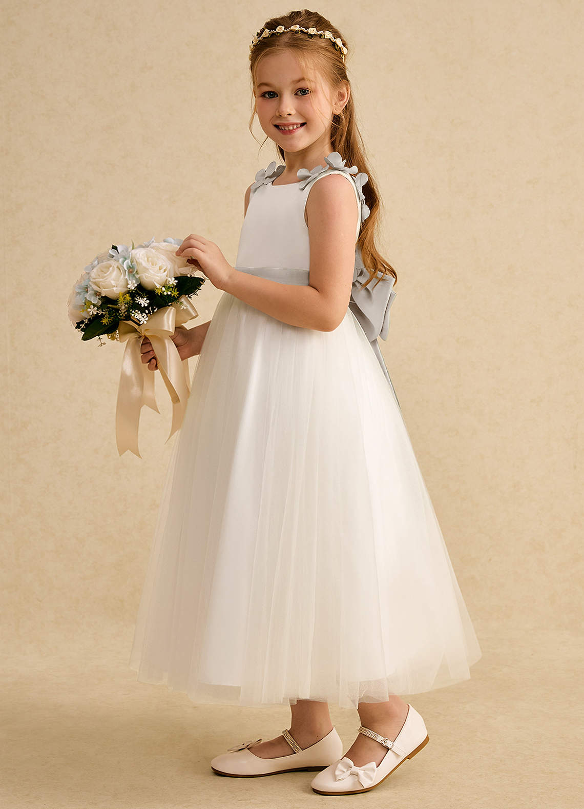 Azazie Lilli Robe Demoiselle D'honneur Fillette Robe Trapèze en Tulle Arc Ivoire Givre image3