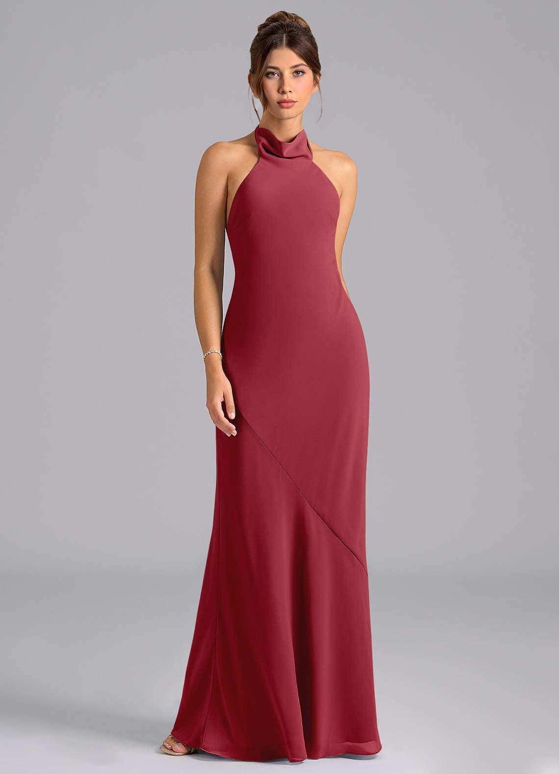 Azazie Velli At-home Try On Dresses Dusty Blue Mermaid Bow Chiffon Dress image5