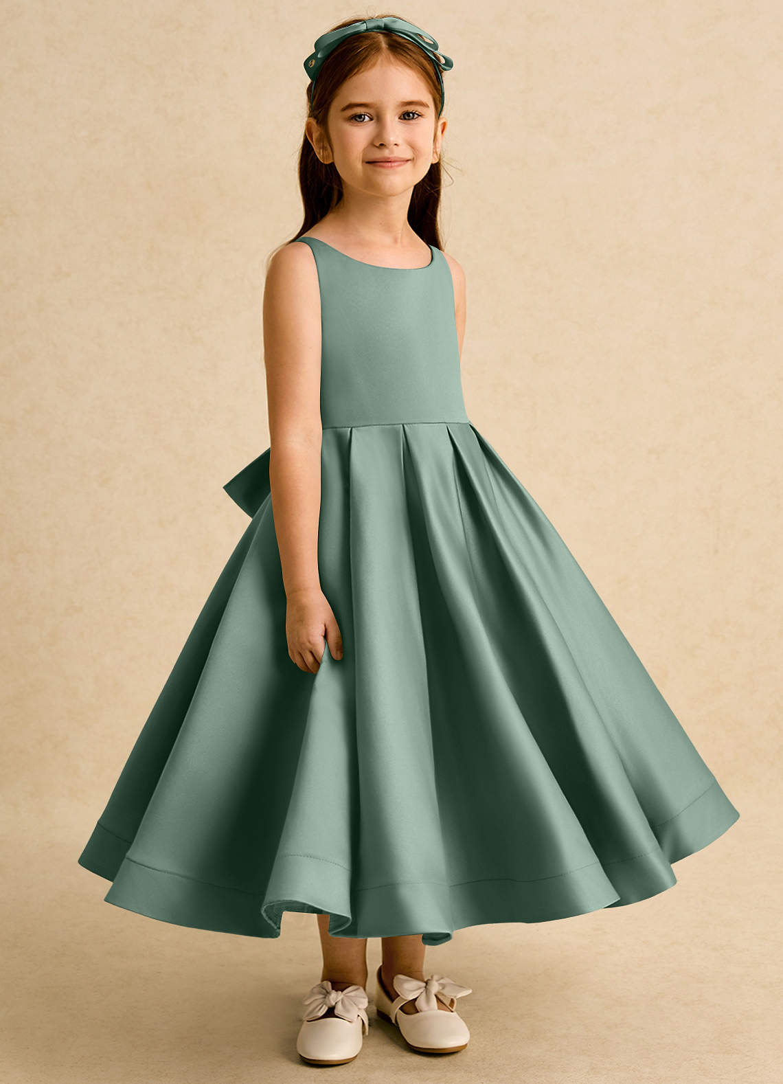 Azazie Babs Flower Girl Dresses Eucalyptus Ball-Gown Pleated Matte Satin Dress image2