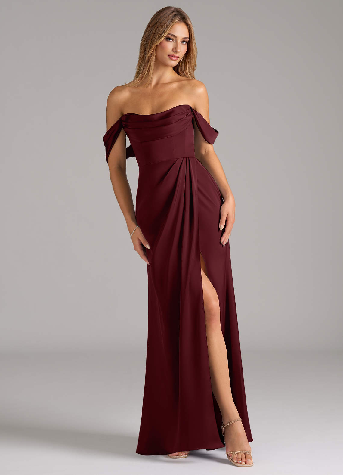 Azazie Johana Bridesmaid Dresses Cabernet Mermaid Off the Shoulder Stretch Satin Convertible Dress image1