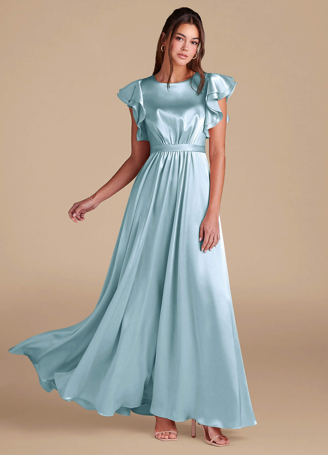 Azazie Daphne Bescheidene Brautjungfernkleider A-Linie Gestreift Metallic Satin Bodenlänge Kleid image1