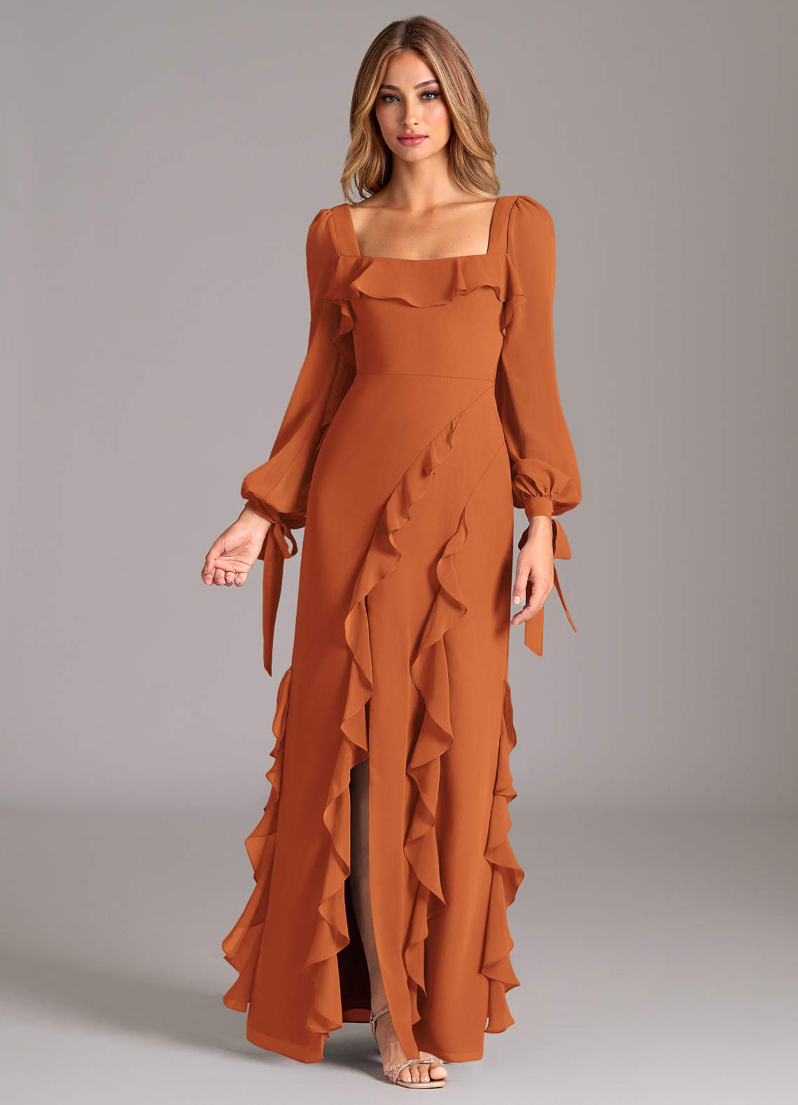Azazie Malia Bridesmaid Dresses Cinnamon A-Line Long Sleeve Chiffon Dress image1