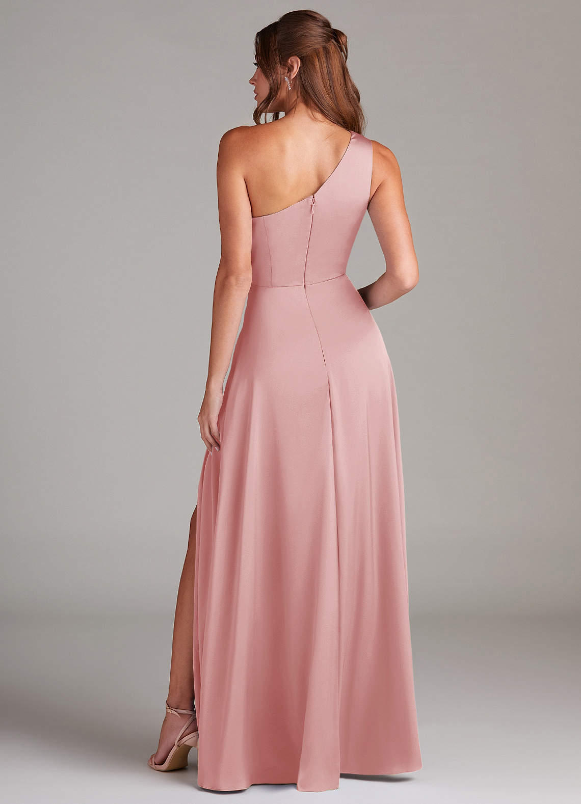Azazie Brooke Bridesmaid Dresses Powder Pink A-Line One Shoulder Stretch Satin Dress image7