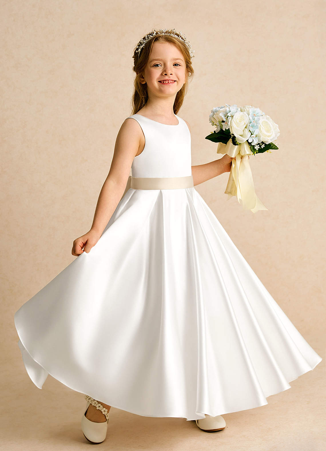 Azazie Cherry Flower Girl Dresses Ivory Champagne Ball-Gown Pleated Matte Satin Dress image2