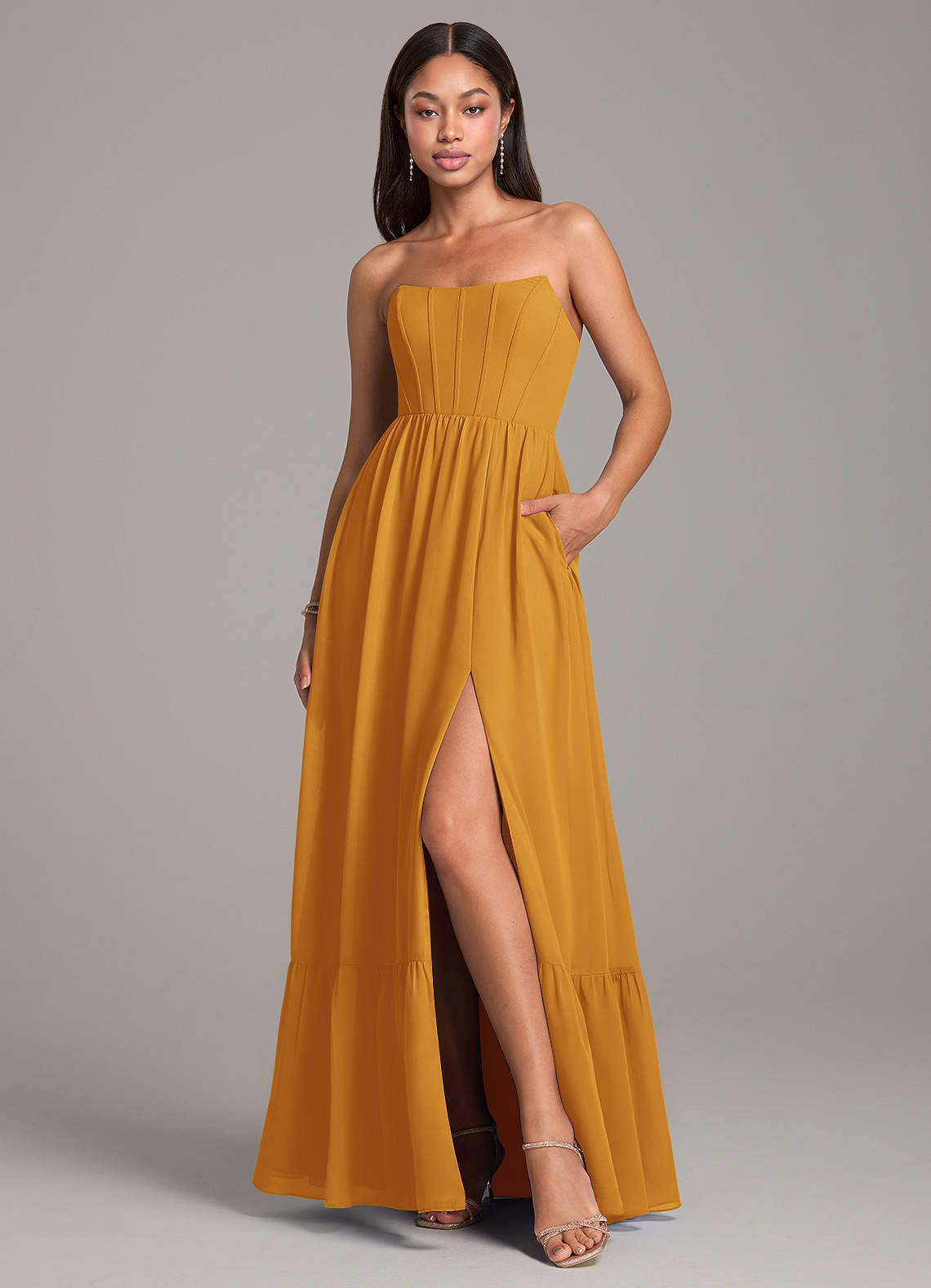 Azazie Kailee Bridesmaid Dresses Butterscotch A-Line with Pockets Chiffon Dress image1