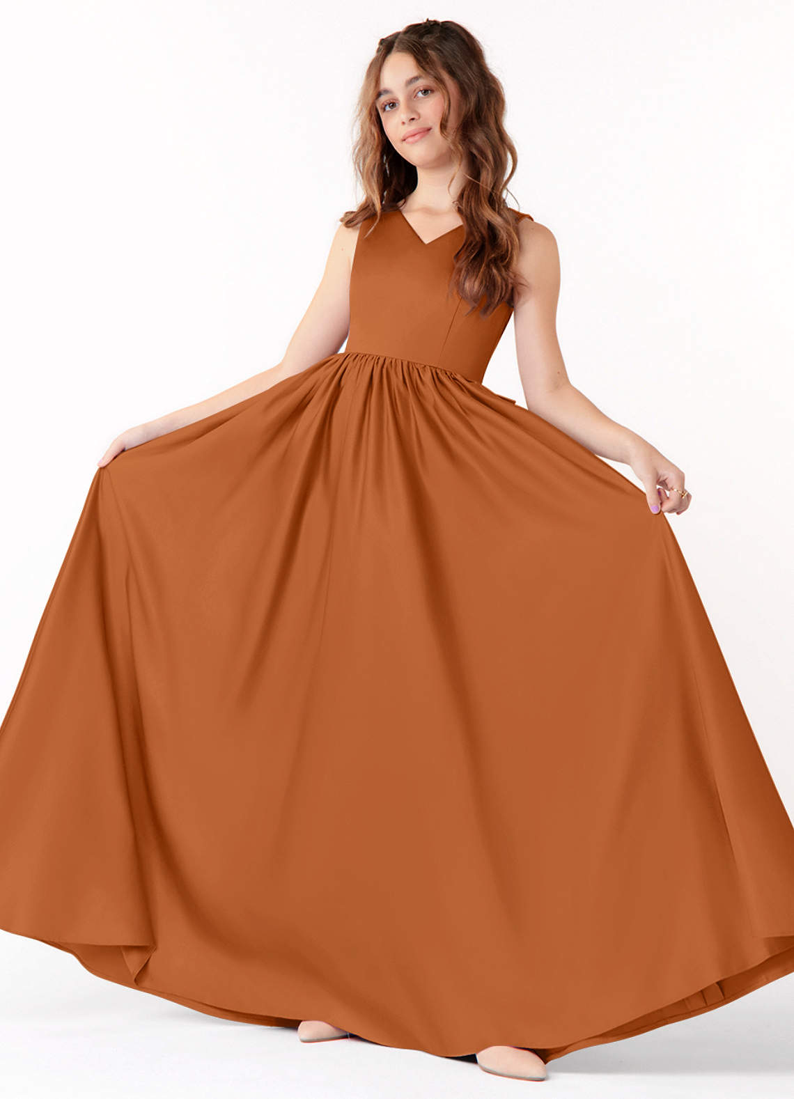 Azazie Hathaway Junior Copper A-Line Bow Matte Satin Dress image1