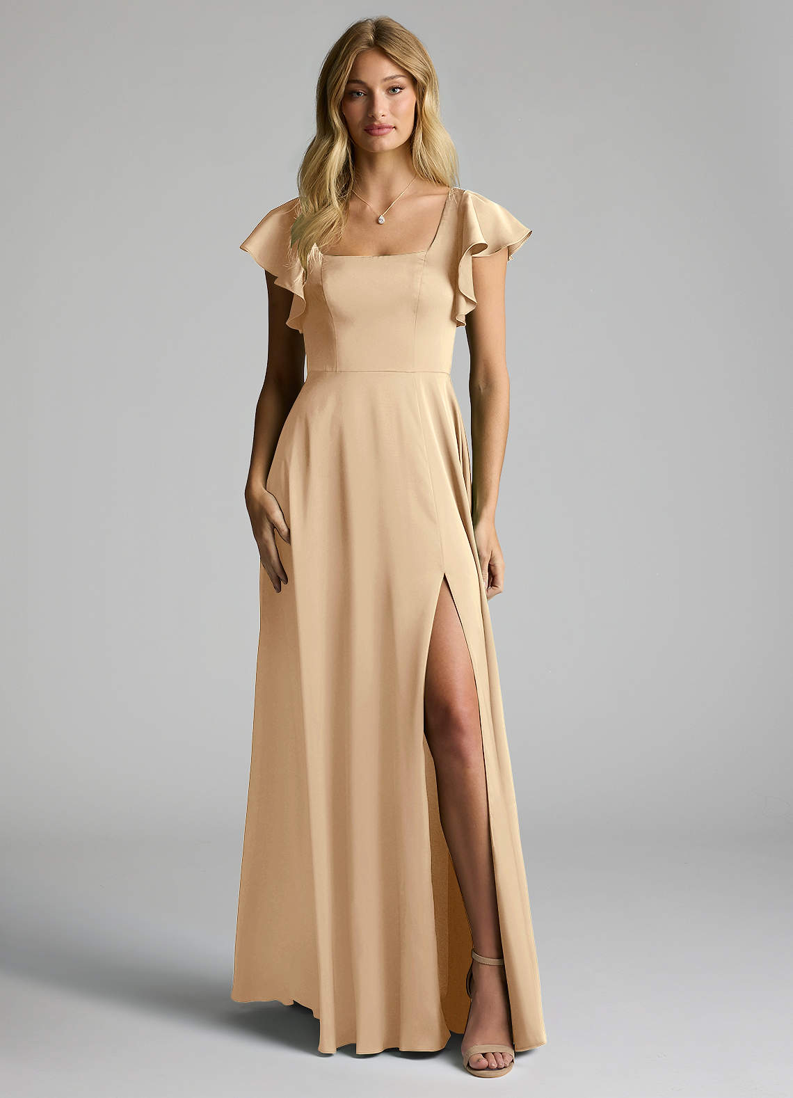 azazie champagne satin dress Azazie Brooke