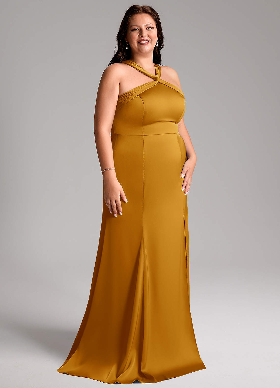 Azazie Rue Bridesmaid Dresses Butterscotch Mermaid Pleated Stretch Satin Dress image11