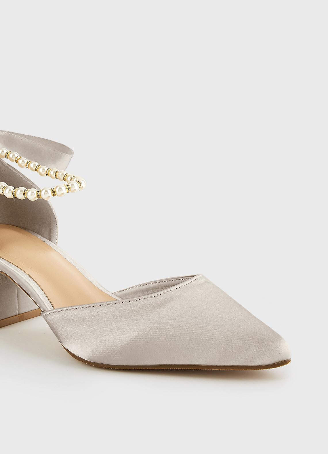 front Matching Color Matte Satin Pearl and Bow Pointed Toe Block Heels