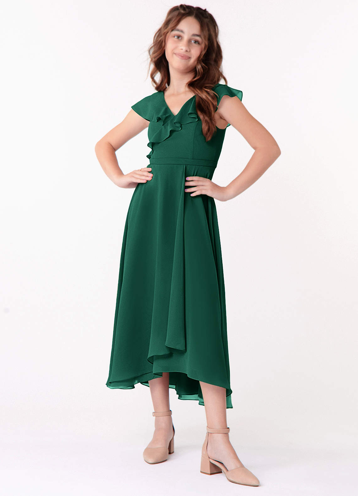 Azazie Posie Junior Emerald A-Line Ruched Chiffon Dress image1
