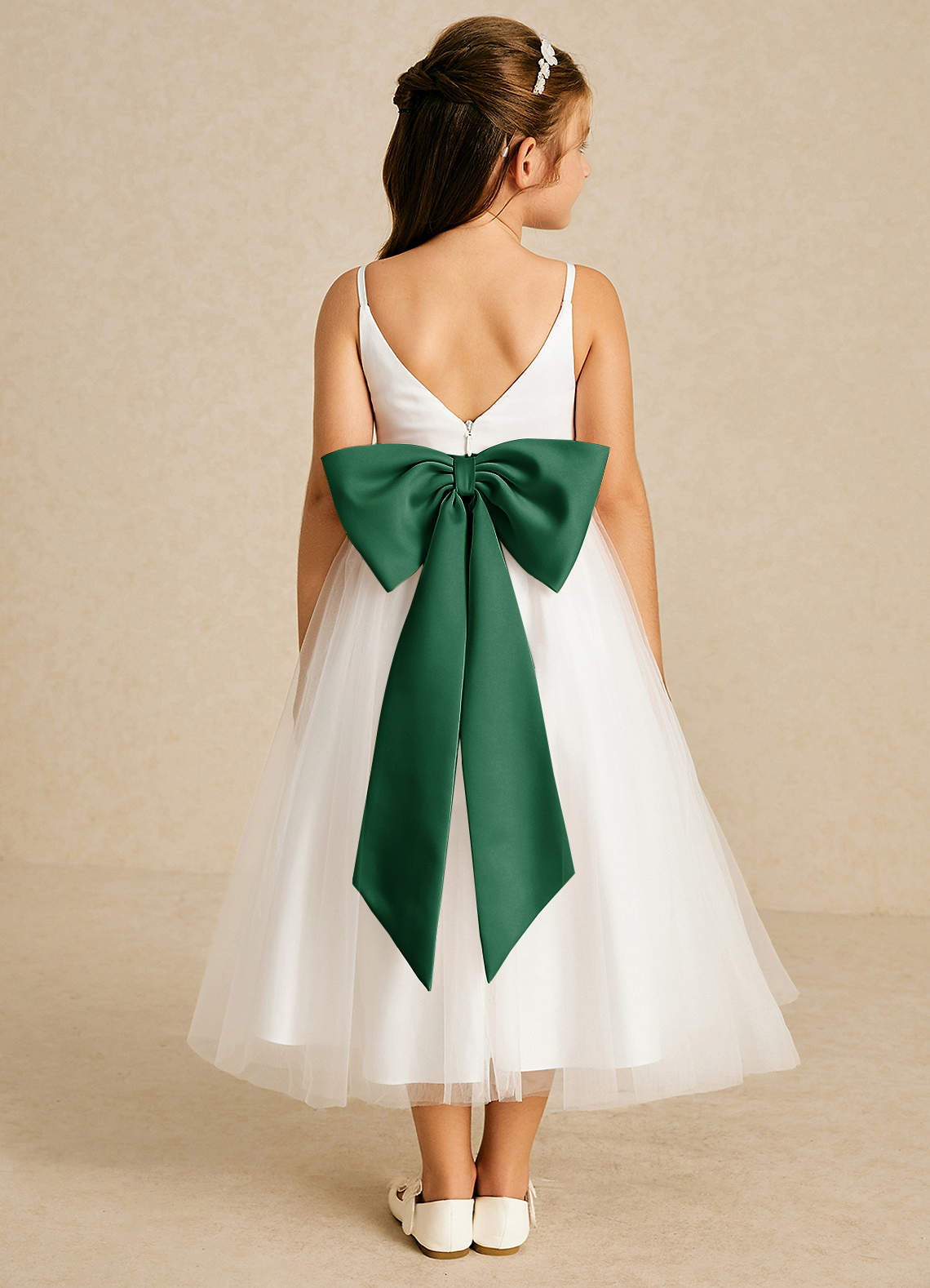 Azazie A-Line V-Neck Ankle-Length Tulle Flower Girl Dresses - Dark Green