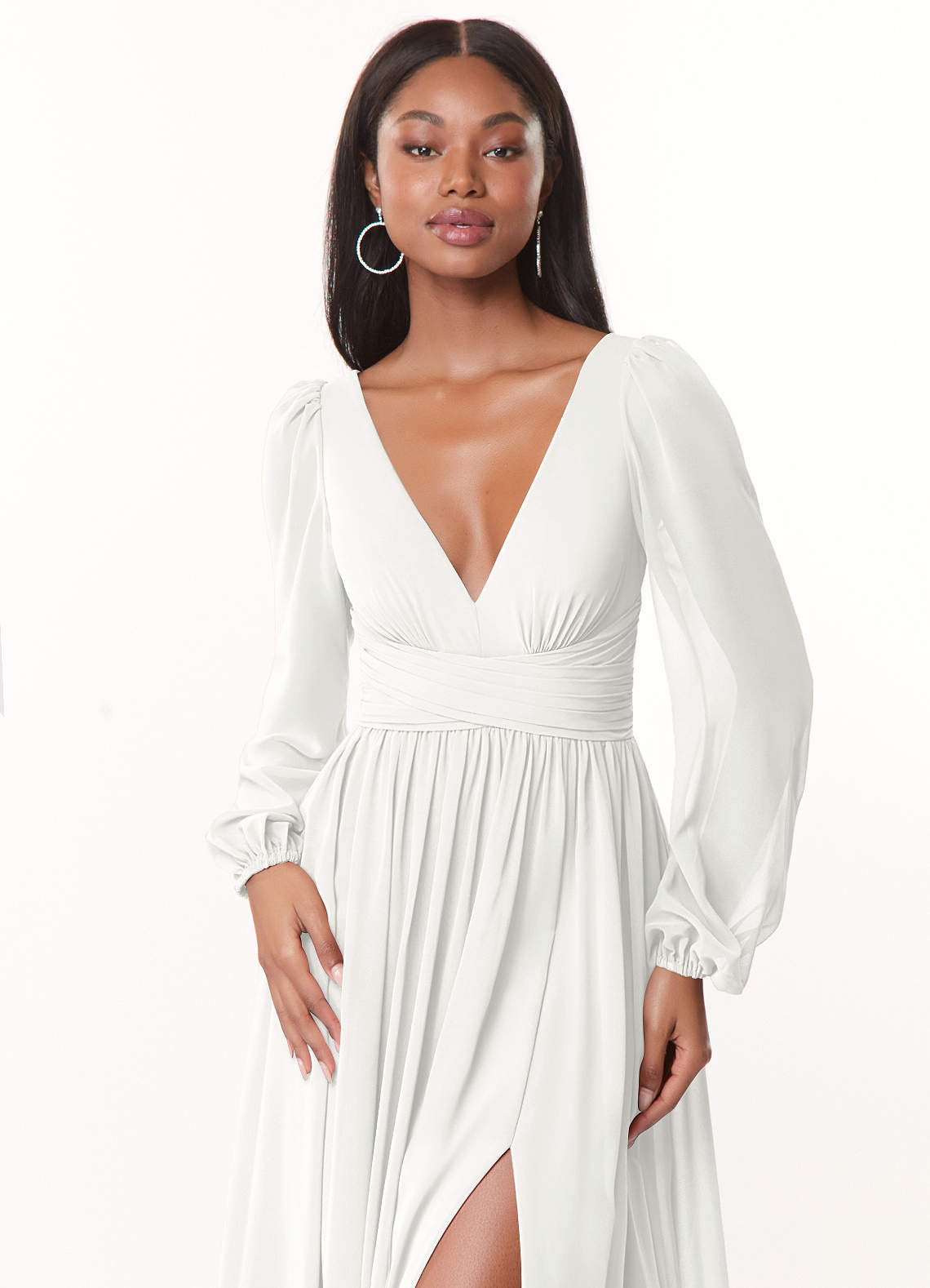 Azazie Norah Vestidos de madrinha de casamento Vestido Branco de Chiffon de Linha A com Manga comprida image4